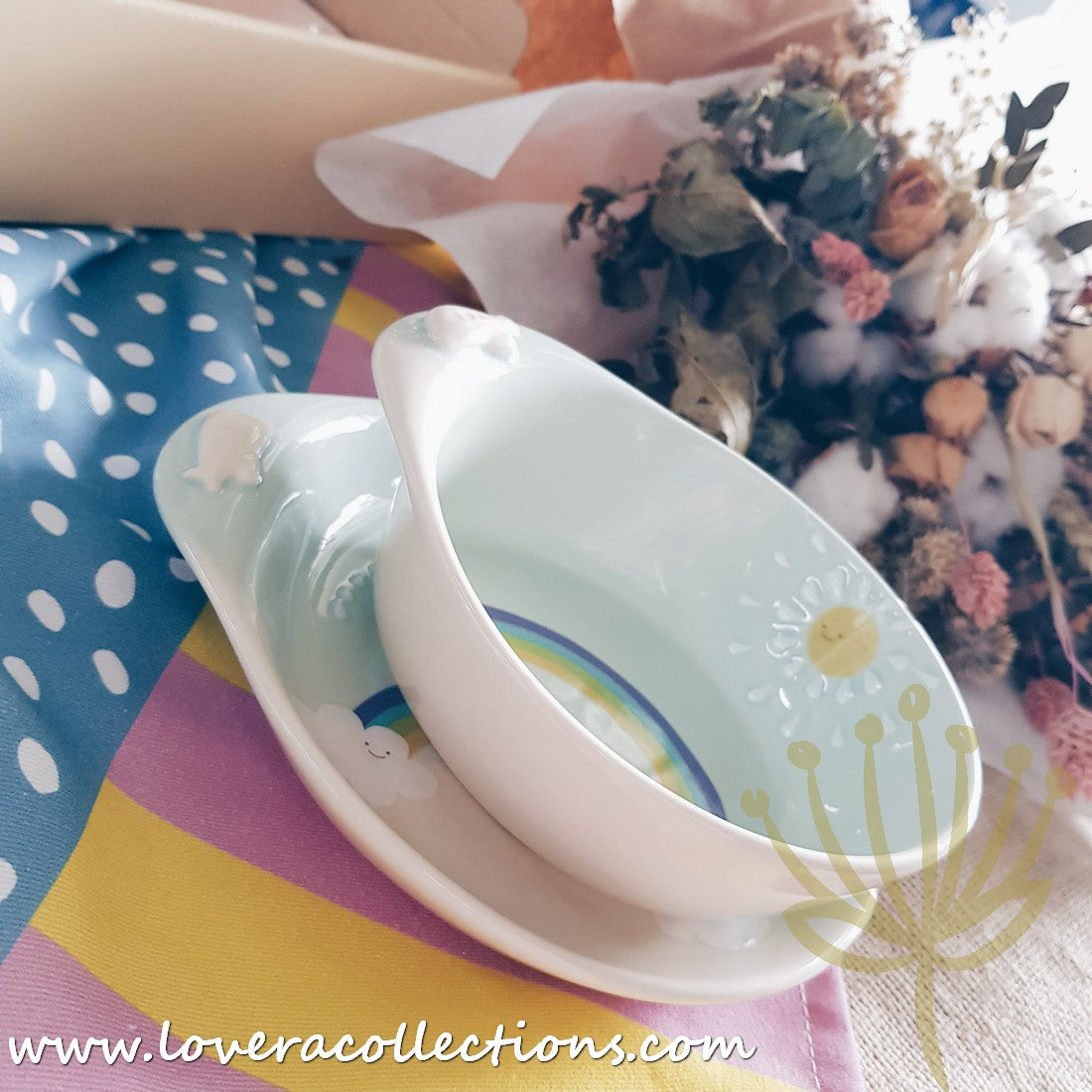 Chikudouen x Lovera Blue Balloon Kids Dinnerware Set - 4-Piece Children's Tableware Gift for Birthday & Holidays (Plates, Bowls, Cups & Utensils) - Perfect for Parties, Daily Meals & Special Occasions