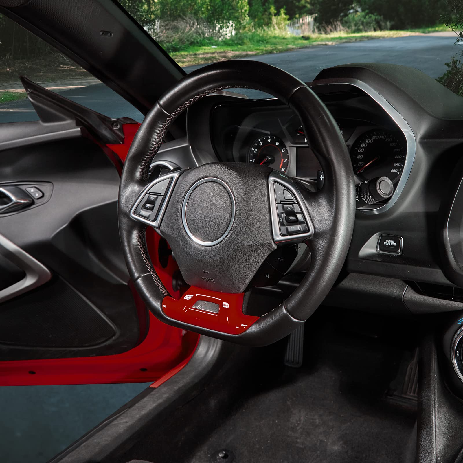 Premium Steering Wheel Trim Cover with Hole Design - Interior Accessory for 2016-2022 Chevrolet Camaro (Red) | Enhances Grip & Style for Sports Car Driving