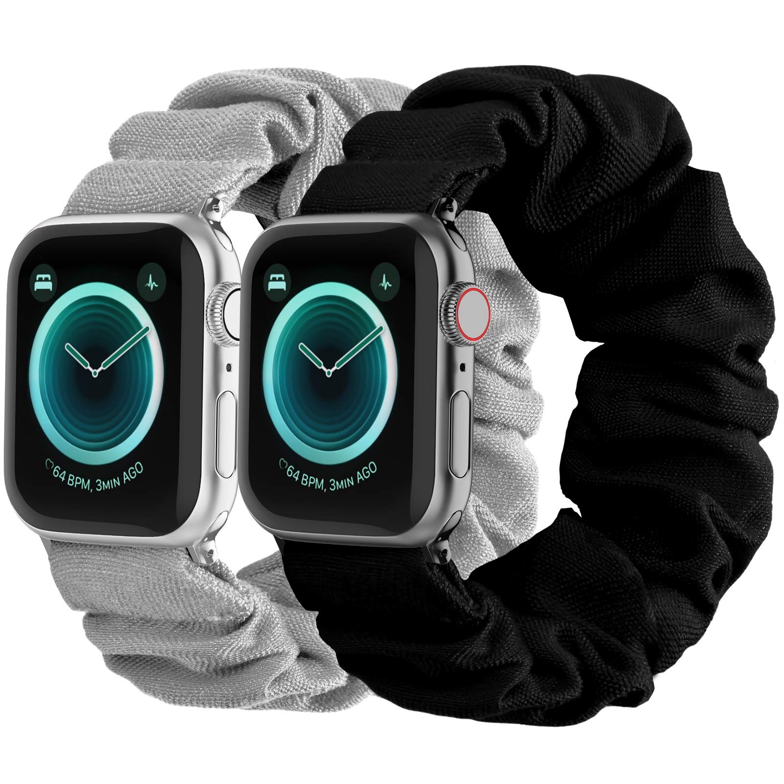Compatible Scrunchies Apple Watch Bands 42mm 44mm 45mm - Soft Elastic Fabric Wristbands for Women, Stylish Printed Straps for iWatch Series 8/7/6/5/4/3/2/1/SE (Large Black & Gray) - Perfect for Workouts, Yoga, and Everyday Fashion Accessory