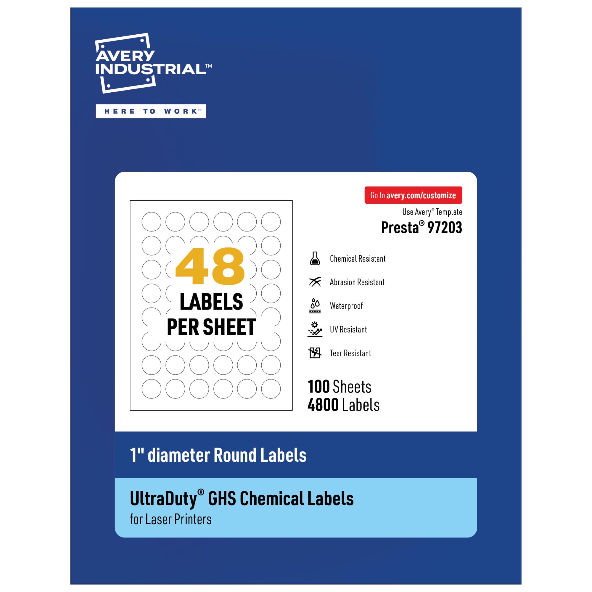 Avery UltraDuty GHS Labels - 1 Inch Round Waterproof Labels (4800 Pack, White) for Laser Printers - Ideal for Chemical Containers, Safety Compliance & Industrial Labeling