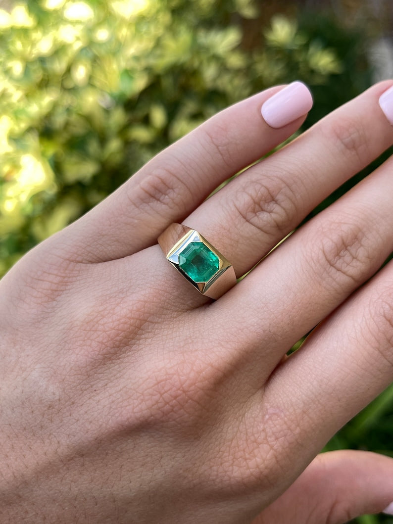 2.66 Carat 14K Gold Colombian Emerald Asscher Cut Solitaire Bold Bezel Gypsy Ring for Men & Women - Perfect for Engagement, Wedding, Anniversary & Everyday Jewelry
