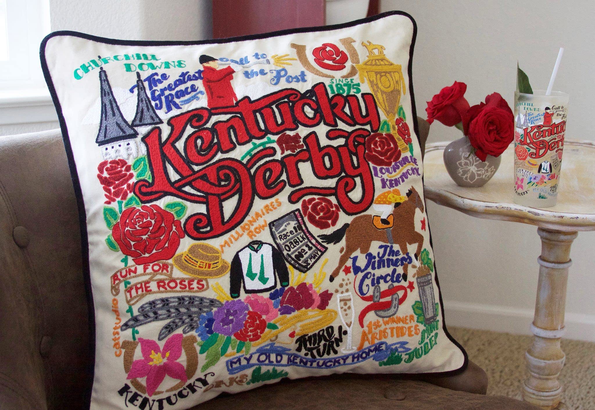 Kentucky Derby Embroidered Decorative Throw Pillow - Horse Racing Themed Home Decor for Sofa, Bed & Living Room