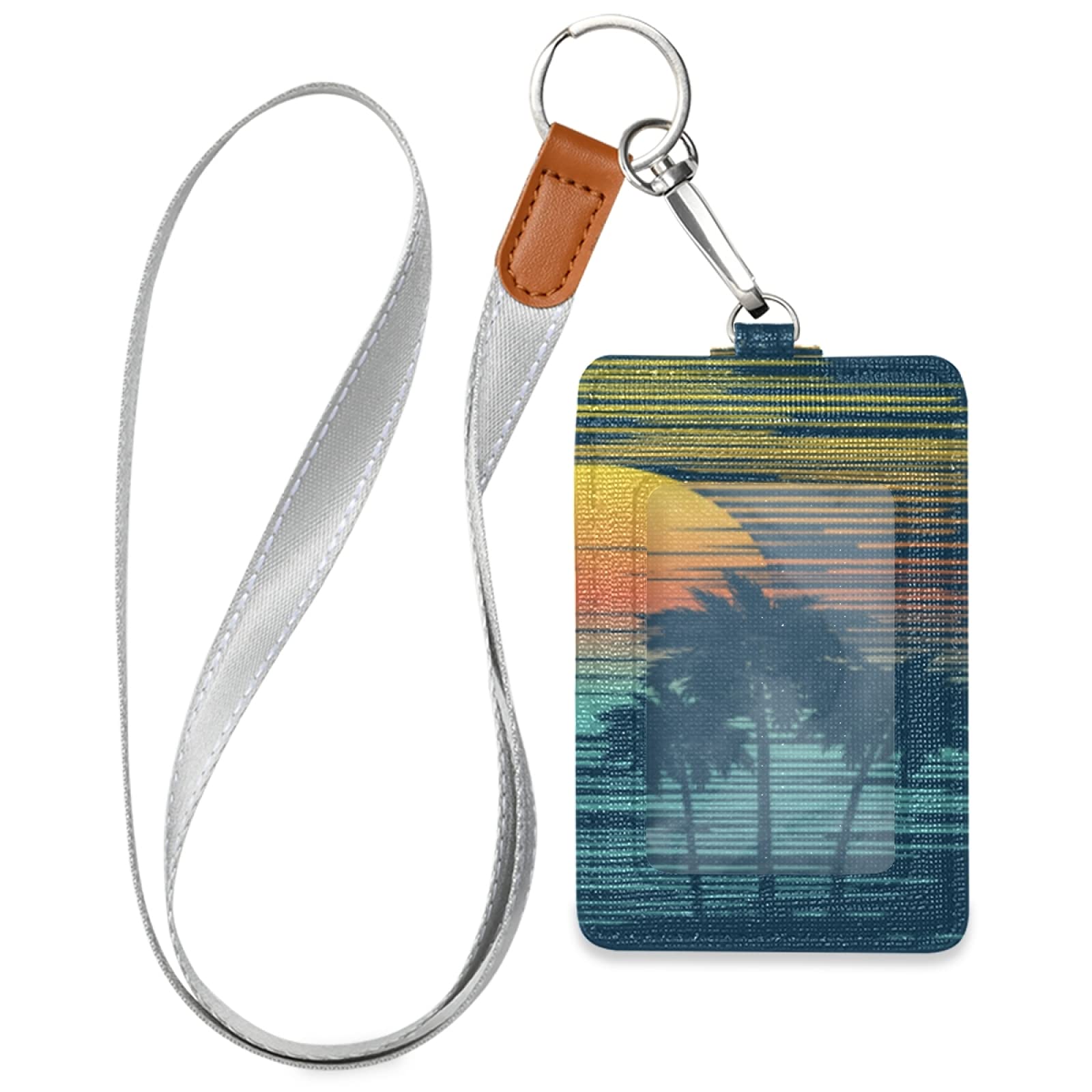 Tropical Palm ID Badge Holder - Vertical Leather with Lanyard for Office & School Staff