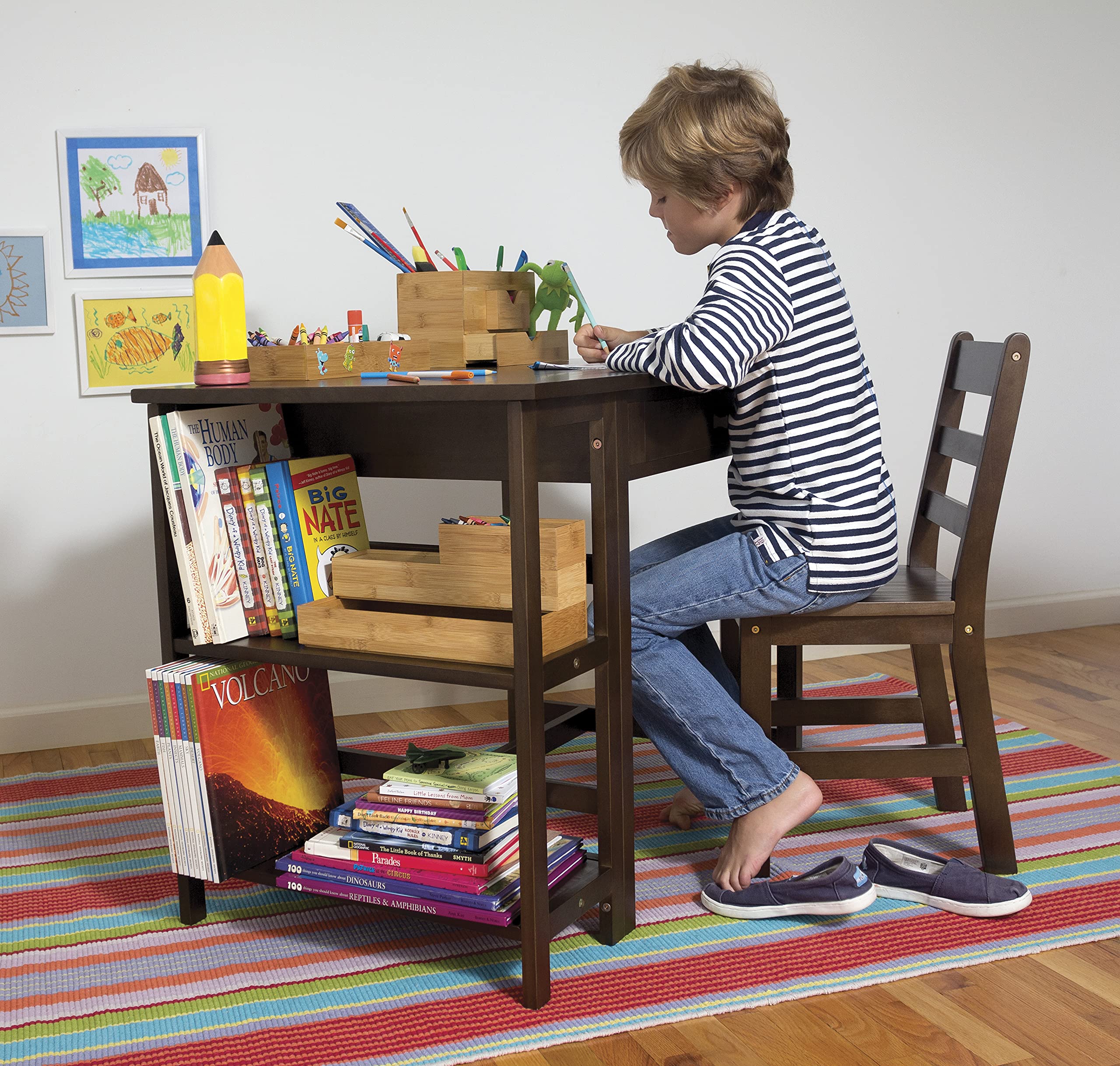 Lipper International 584WN Kids Wooden Study Desk and Chair Set with Walnut Finish - Perfect for Homeschooling, Remote Learning & Children's Bedroom Study Area
