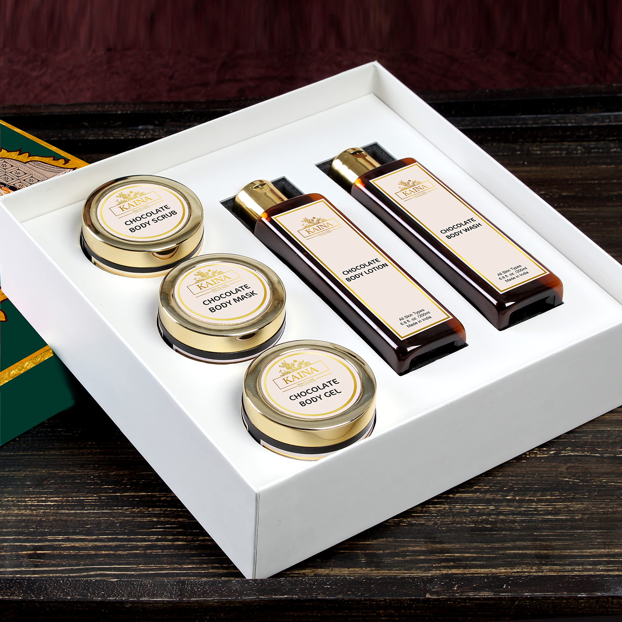 Kaina Chocolate Body Polishing Kit - Exfoliating & Moisturizing Set for Smooth Glowing Skin | Dead Skin Cell Removal, Deep Hydration Body Scrub, Gel, Lotion & Mask | Unisex Skincare Gift Set (5-Piece) | Perfect for Date Night, Spa Day & Self-Care Routine