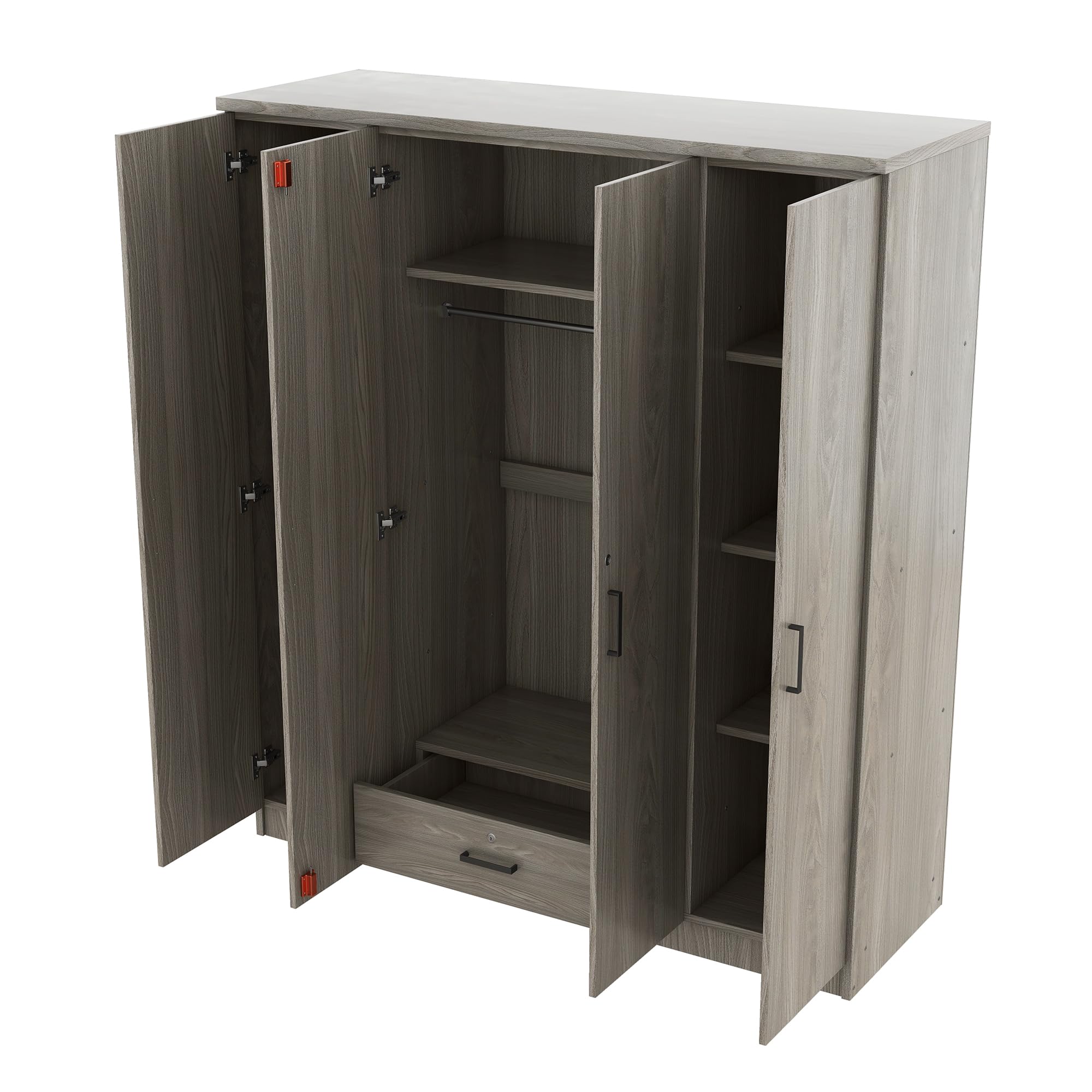 Quarte 4-Door Wardrobe with Drawers, Shelves & Hanging Rail - Freestanding Armoire Closet for Bedroom, Clothes Storage Cabinet Organizer - Perfect for Home, Apartment, Dorm Room Organization