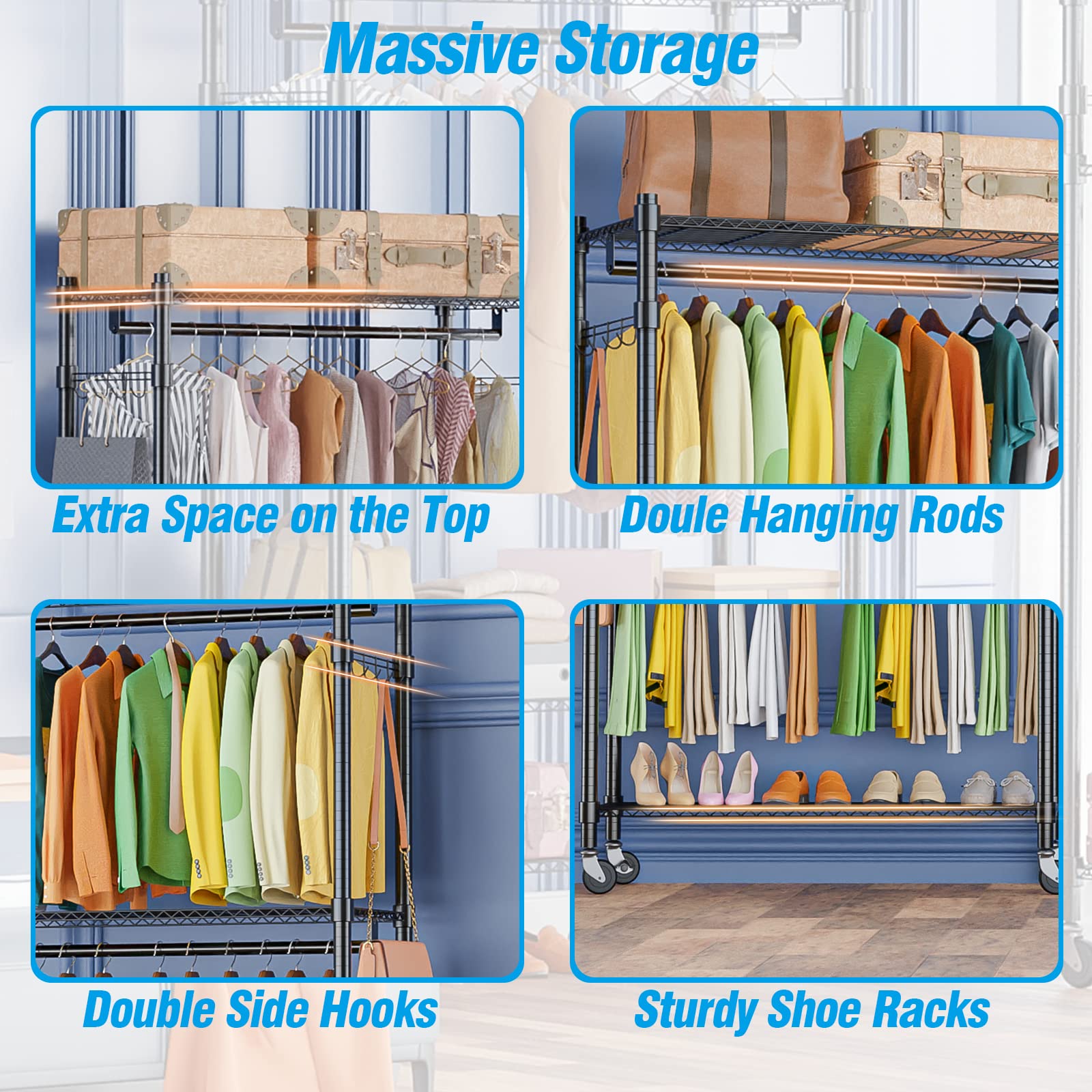 Homdox Heavy Duty Rolling Garment Rack with Double Rod & Shelves - 450 LBS Capacity Lockable Wheels & Hanging Hooks | Portable Free Standing Wardrobe Storage for Closet Organization, Bedroom, Laundry Room or Retail Store Display