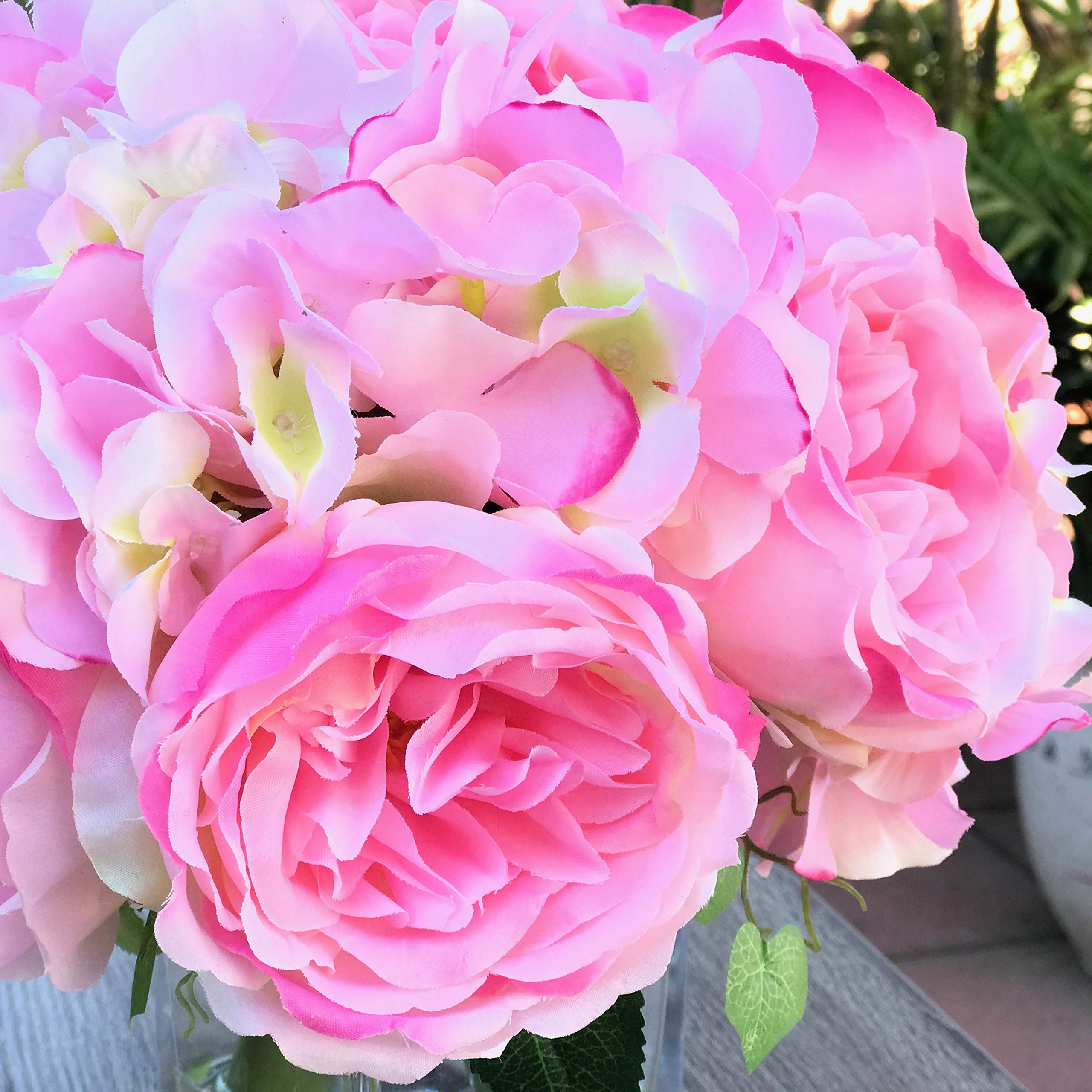 Enova Home Artificial Silk Peony & Hydrangea Flower Arrangement in Clear Glass Vase - Elegant Wedding & Home Decor (Pink) | Perfect for Centerpieces, Table Decorations & Living Room Accents