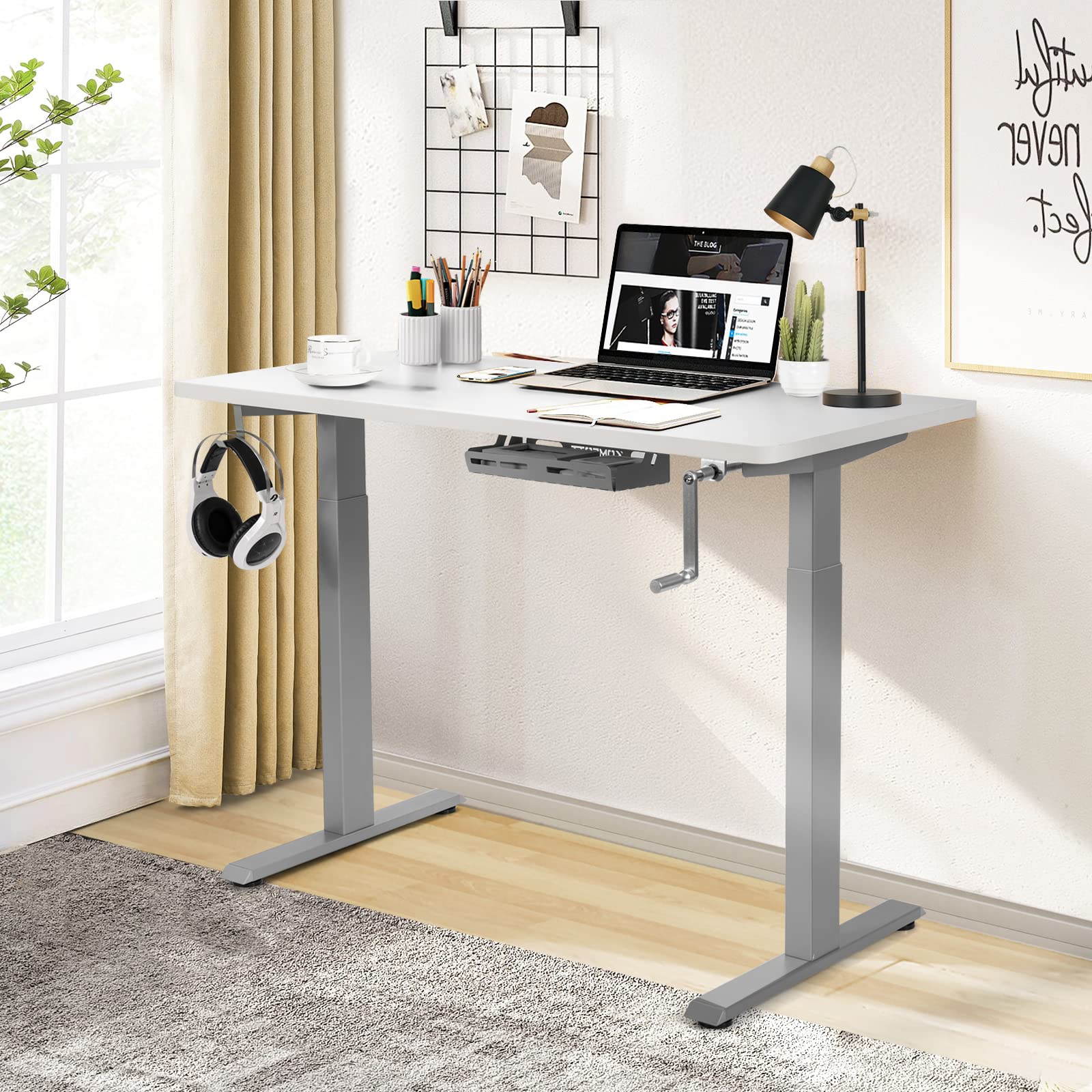 COSTWAY 48 x 24 Inch Adjustable Height Standing Desk - Manual Sit to Stand Home Office Desk with Headphone Hook & Cable Management, Sturdy One-Piece Tabletop (Grey & White) | Perfect for Remote Work, Gaming Setup & Small Workspaces