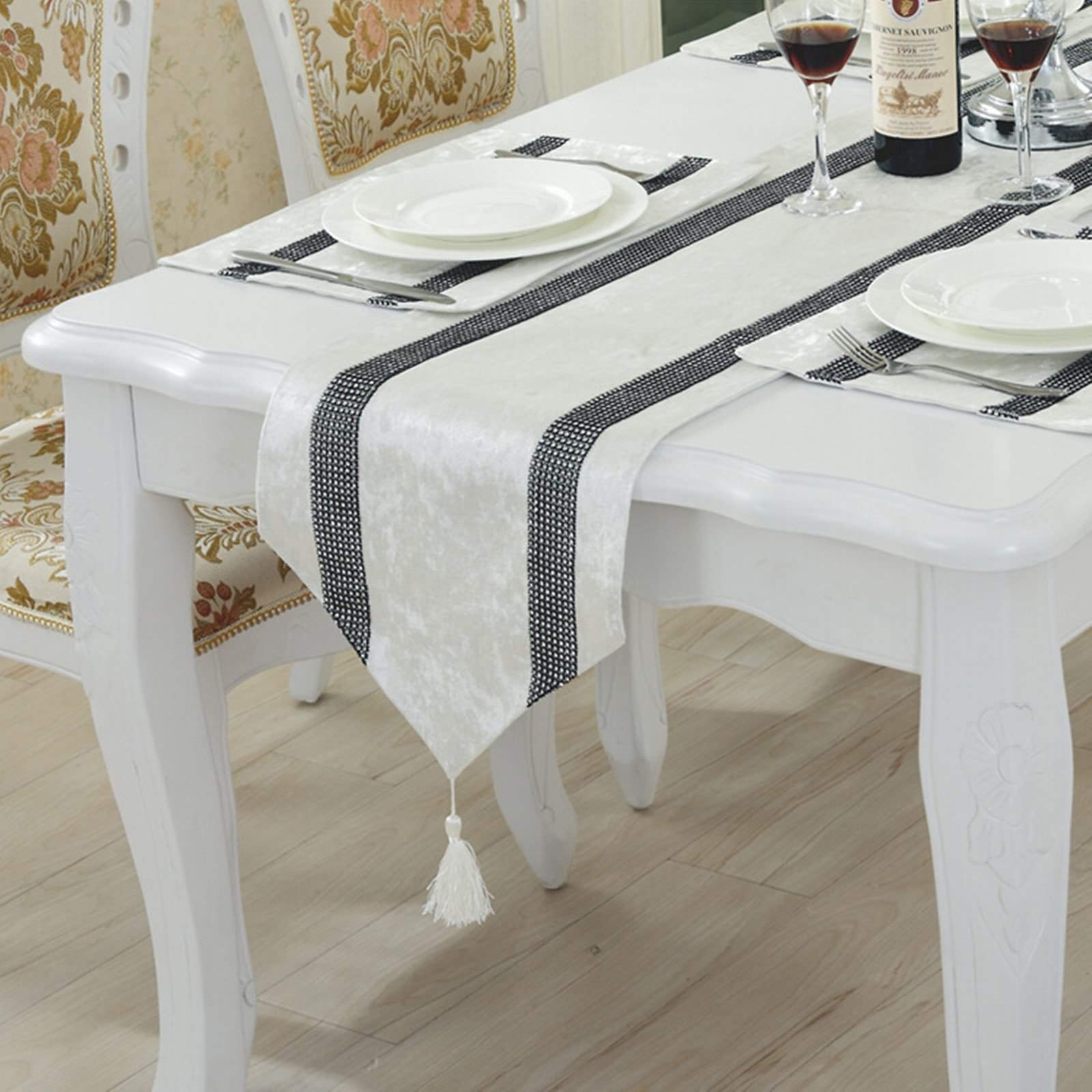 Daesar 13x84 Inch Christmas Velvet Table Runner with Zirconia Stripes - Elegant White Modern Table Decor for Dining, Bedside, and Holiday Parties