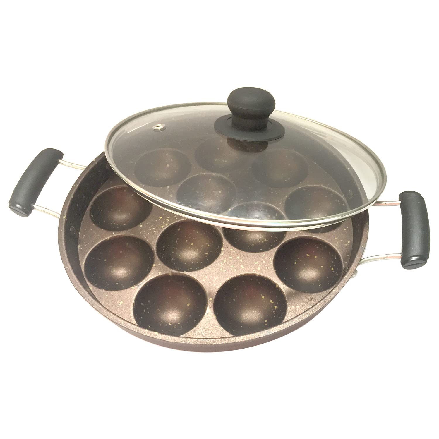 Non-Stick Appam Pan Maker with Glass Lid - 2 Side Handles for Easy Use - Paniyaram Pan Gas Stove Compatible - Perfect for Making Appam, Paniyaram & Indian Breakfast Dishes - Ideal for Home Cooking & Traditional South Indian Recipes