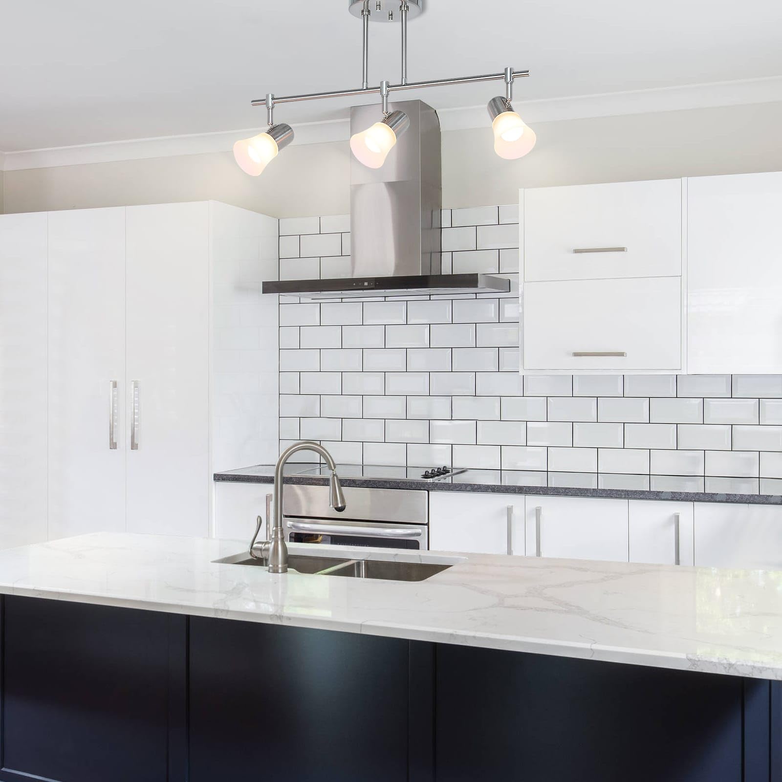 Modern 3-Light Kitchen Island Track Lighting - Brushed Nickel Finish with Glass Shades - Adjustable Hanging Ceiling Light for Kitchen, Dining Room & Bar (Model: XB-TR1235-3-BN) - Perfect for Task Lighting and Ambience in Contemporary Homes