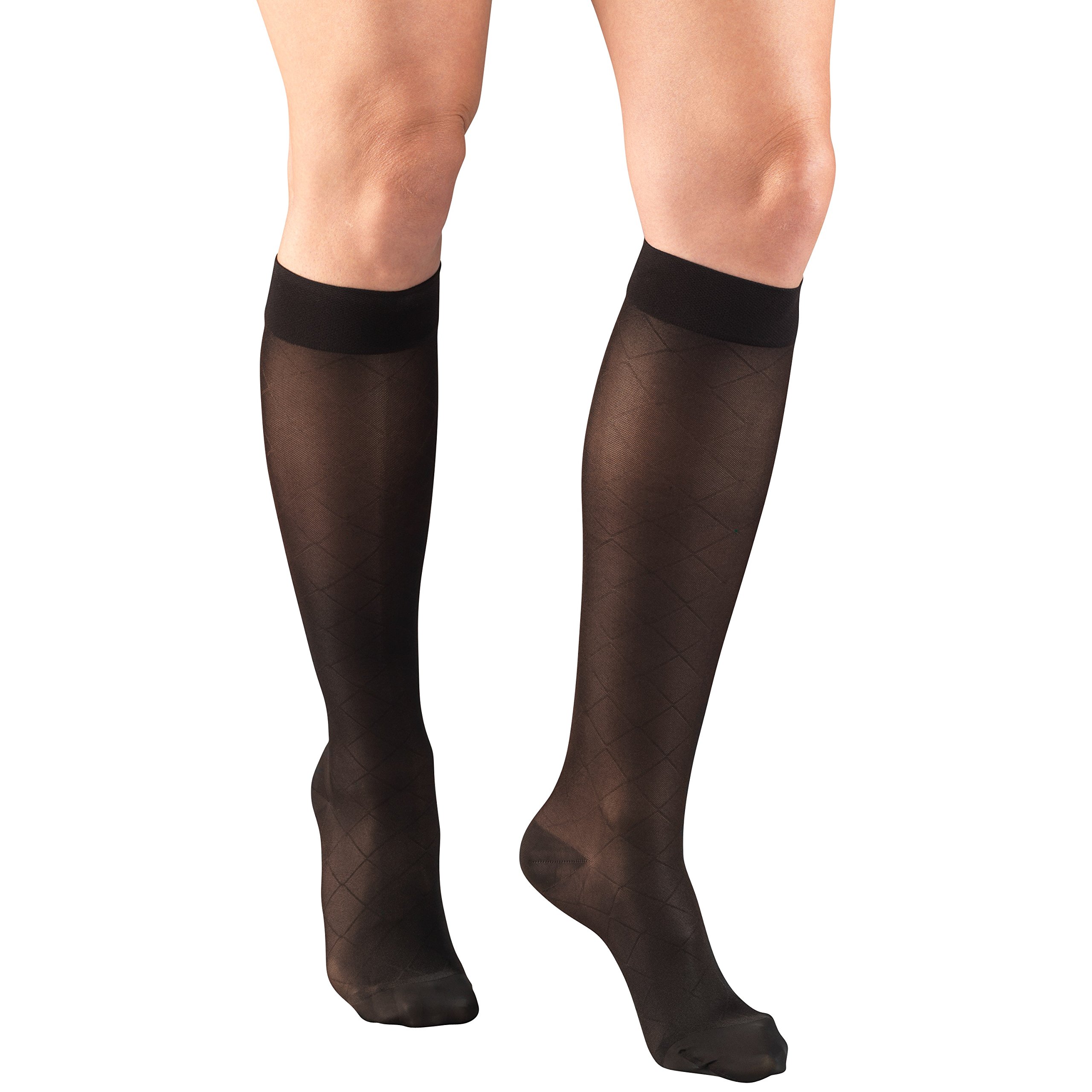 Truform Sheer Compression Stockings 15-20 mmHg for Women - Knee High Support Socks with Diamond Pattern in Black (Large) - Perfect for Travel, Work & Varicose Vein Relief