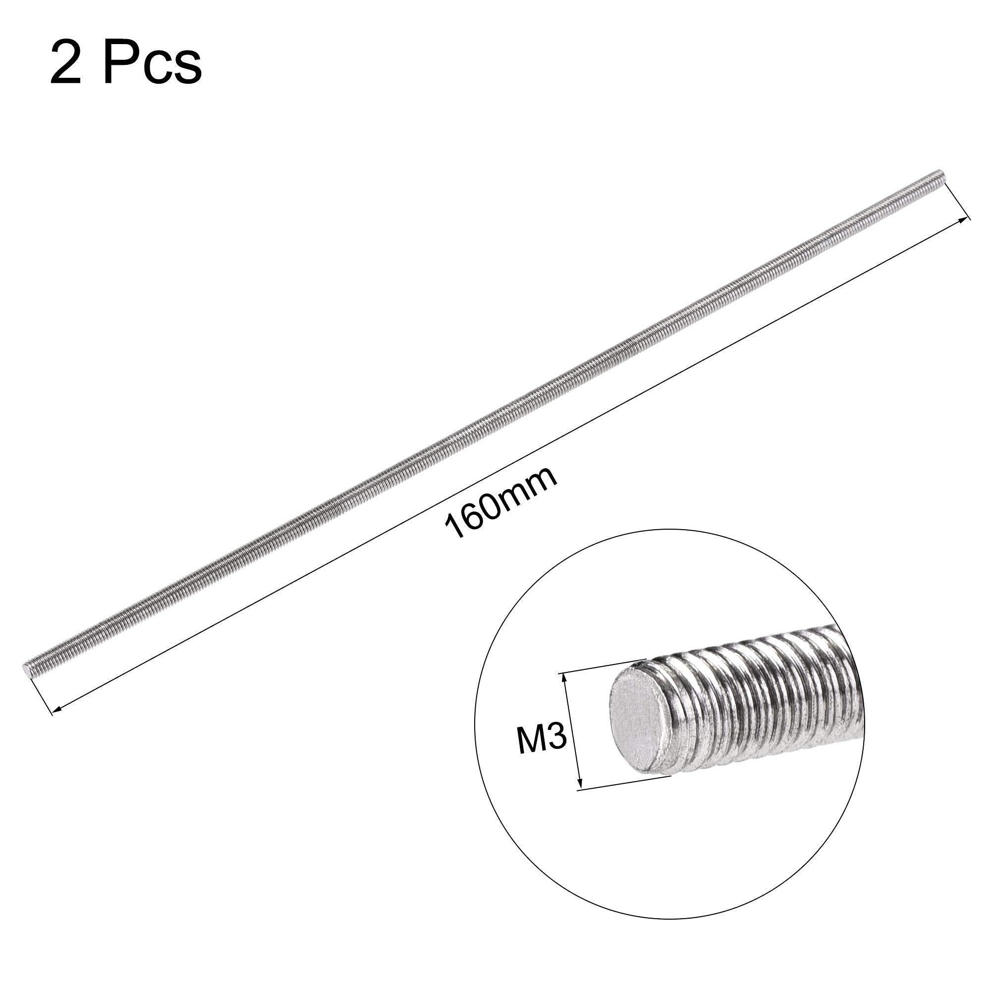 uxcell 2Pcs M3 x 160mm 304 Stainless Steel Fully Threaded Rods, Right Hand Long Screws for Hangers, U-Bolts, and DIY Projects