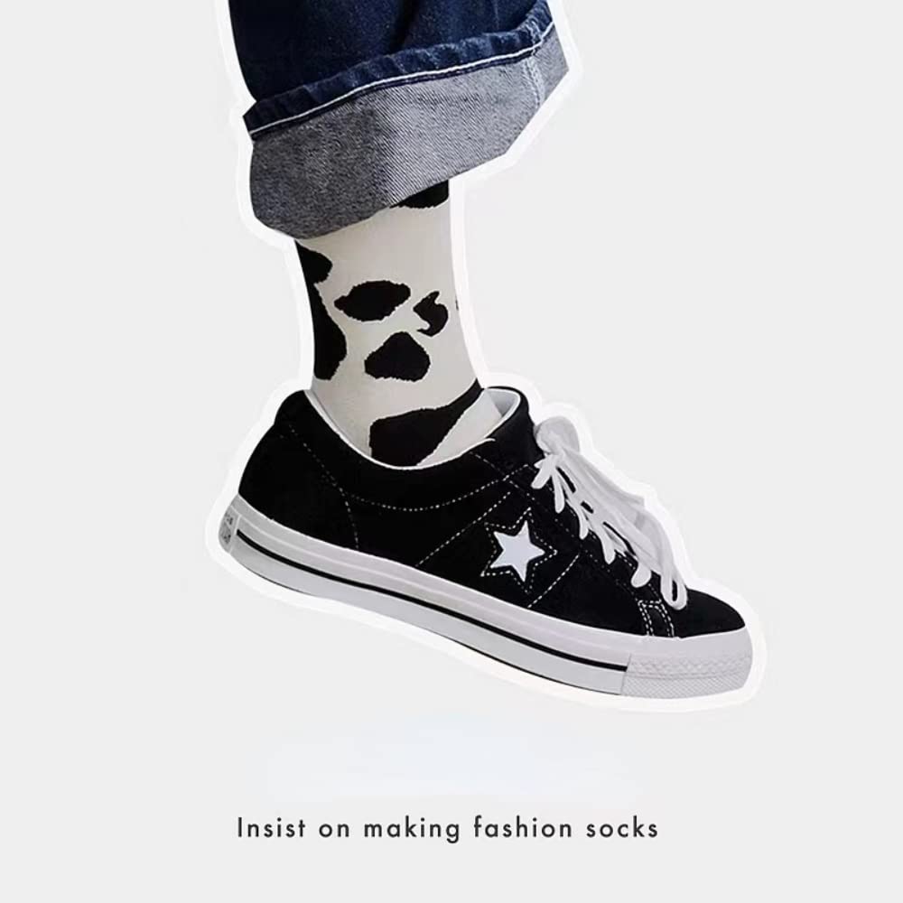 Women's Black and White Cow Print Crew Socks - Soft Cotton Novelty Embroidery Socks for Women & Girls - Fun Casual Socks for Everyday Wear - Perfect Gift for Animal Lovers (Office, Home, Gym, Travel)
