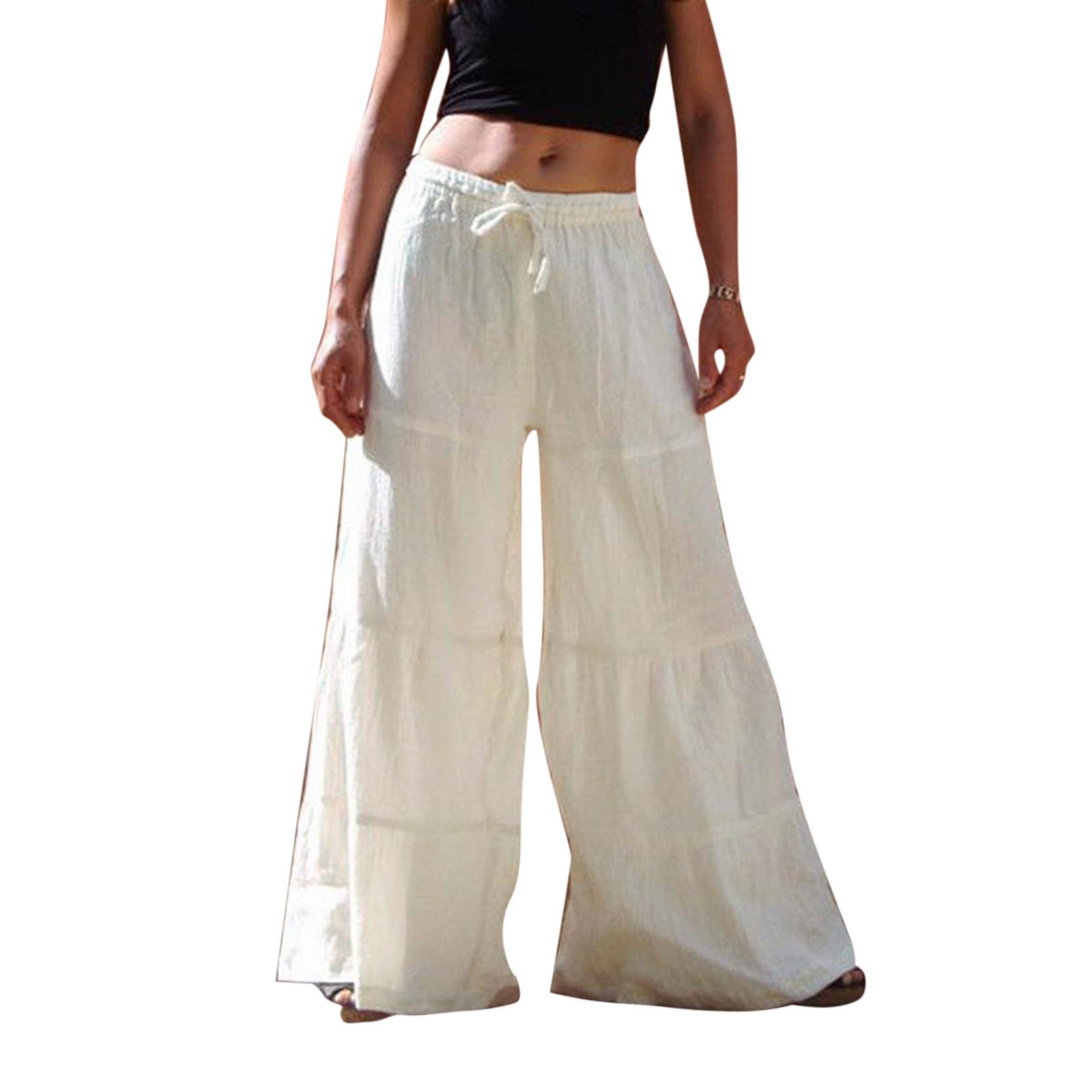 iOPQO Women's Summer Cotton Linen Casual Loose Wide Leg Pants with Drawstring - Comfortable Black Sweatpants for Women (White, XXL) - Perfect for Yoga, Travel & Lounge Wear