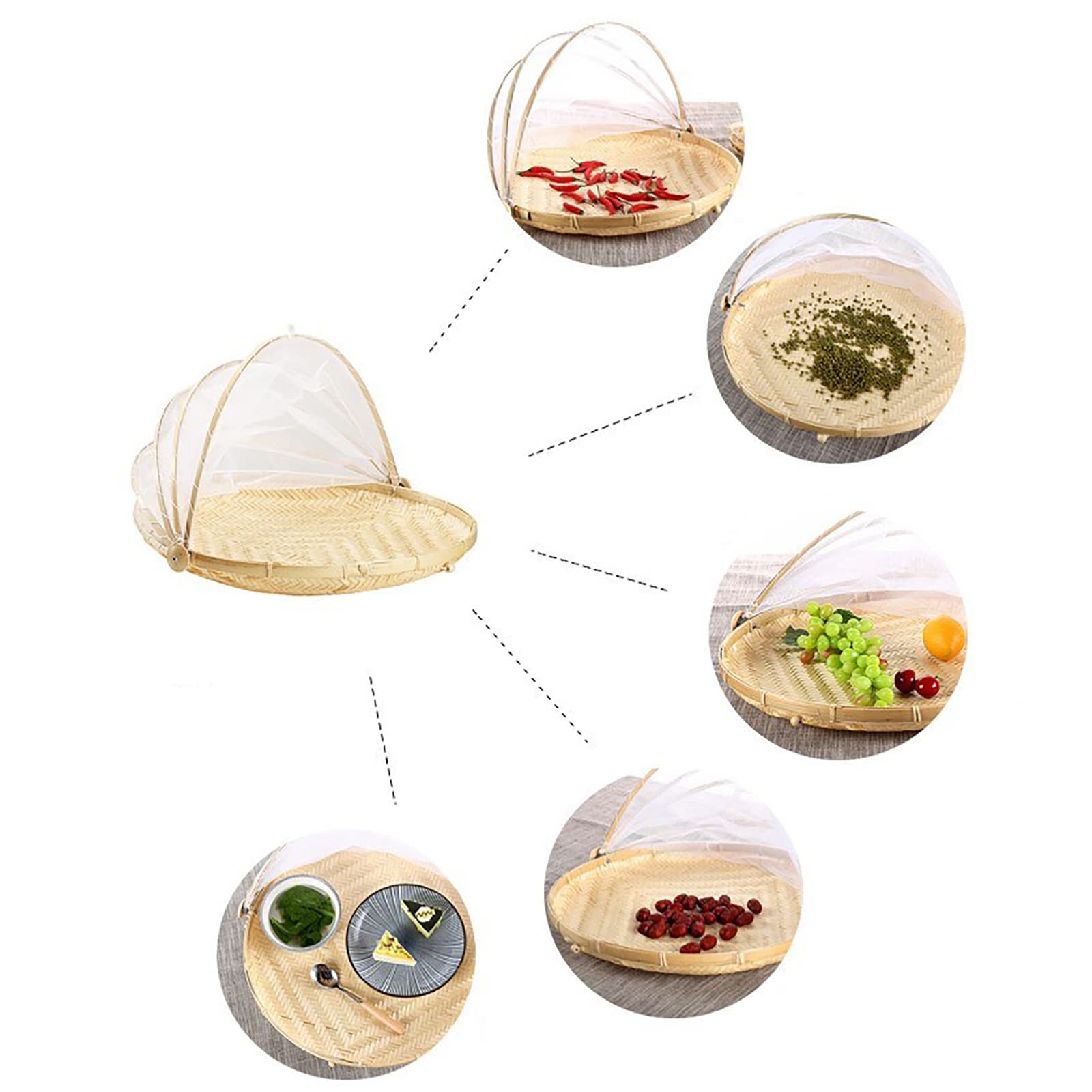 12 Inch Round Bamboo Food Storage Basket with Mesh Cover - Dustproof Hand-Woven Picnic Container for Vegetables, Fruits & Bread | Perfect for Outdoor Parties, Camping & Picnics