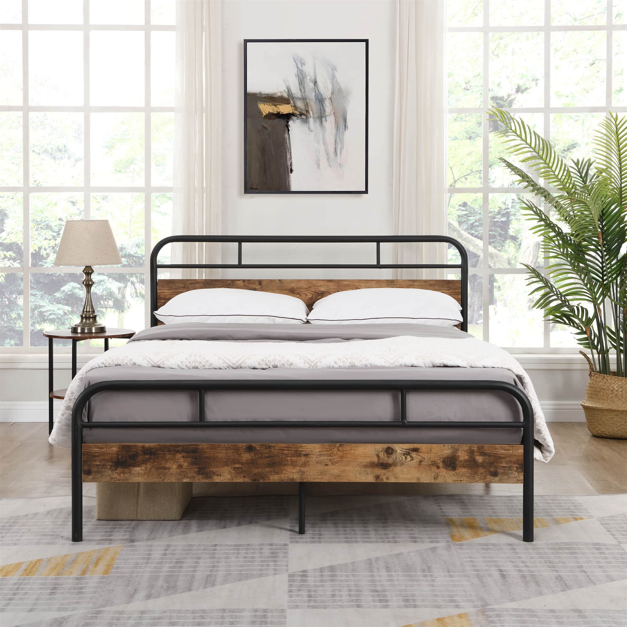 Black Full Size Platform Bed Frame with Wooden Headboard & Metal Slats - Sturdy Modern Bedroom Furniture for Adults, Teens & Guest Rooms
