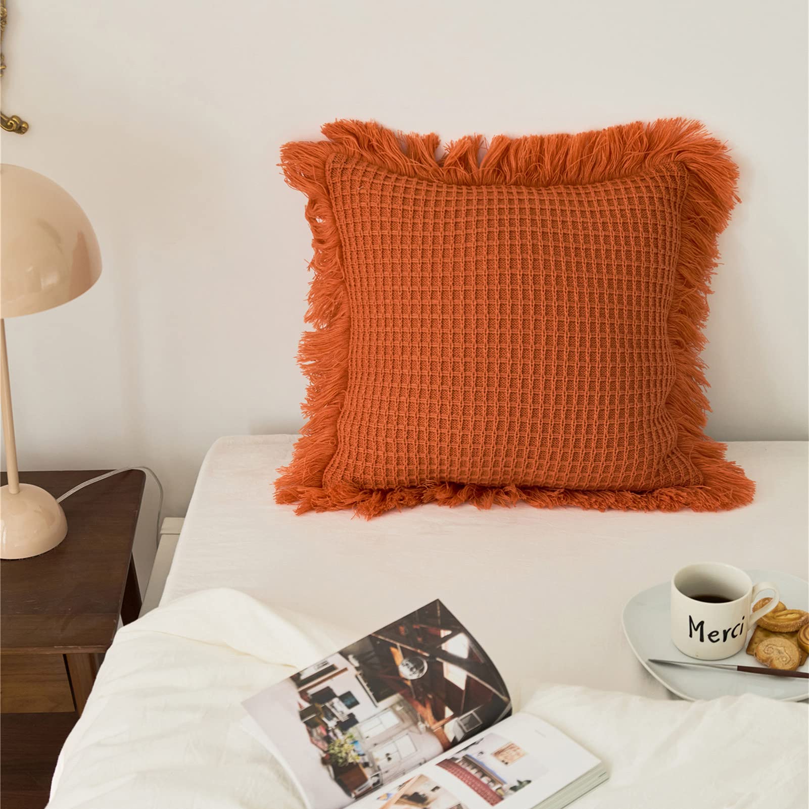 Decorative Knitted Pillow Sham with Tassels - Checkered Cushion Cover in Soft Warm Knit Pattern (Orange) - Perfect for Sofa, Bedroom Decor & Cozy Home Accessories