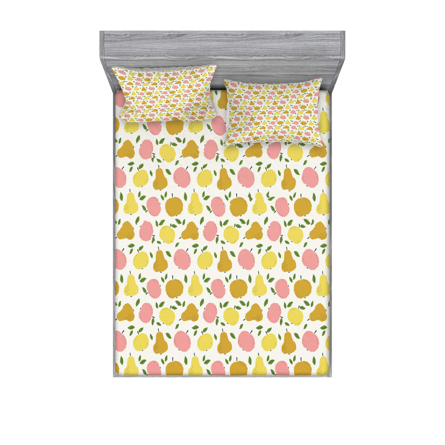 Ambesonne Vegan 3-Piece Bedding Set - Full Size Fitted Sheet & Pillow Sham with Pastel Apple Pear Nutrition Graphic Print | Hypoallergenic Organic Cotton | Perfect for Eco-Friendly Homes, Guest Rooms & Dorm Decor
