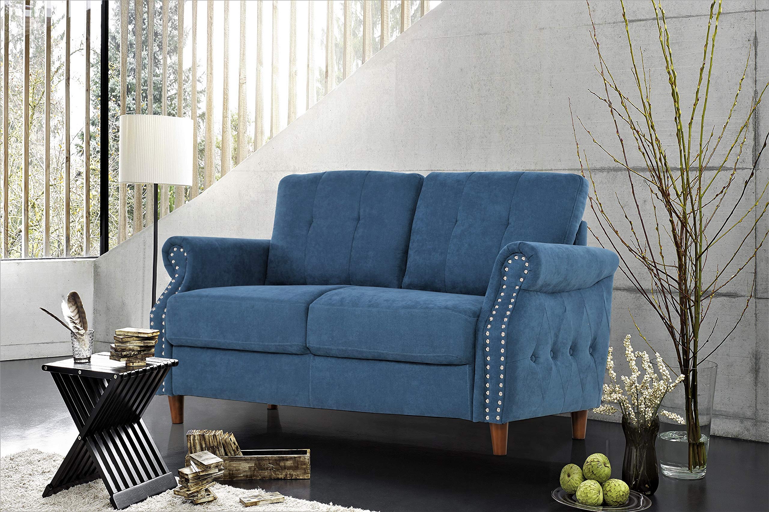 Briscoe Ultra Modern Upholstered Button Tufted Loveseat with Rolled Arms - Blue De France - Contemporary Living Room Sofa for Small Spaces & Apartment Decor
