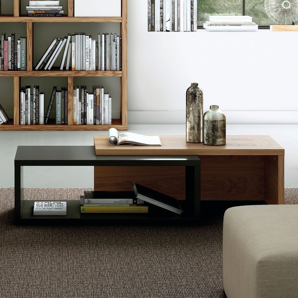2-Piece Modern Coffee Table Set in Pure Black & Walnut Finish - Perfect for Living Room, Lounge or Office Decor