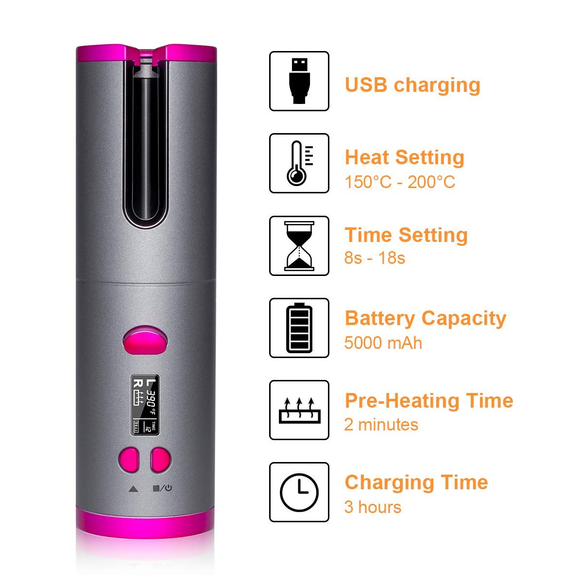 EMEBAY Wireless Automatic Curling Iron - USB Rechargeable Hair Curler with Timer & 6 Temperature Settings, Anti-Burn Rotating Curling Wand for Long & Short Hair - Perfect for Travel, Home Use & Salon Styling