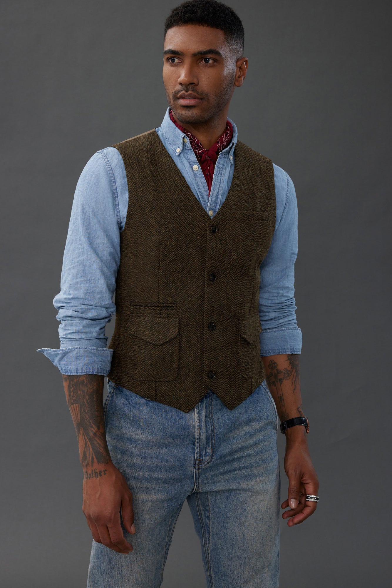 Men's British Herringbone Tweed Vest | Casual Wool Blend Waistcoat with Pockets | Perfect for Office, Wedding & Formal Events
