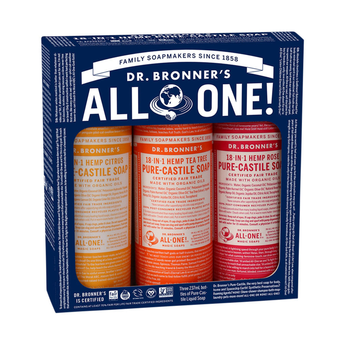 Dr. Bronner's Pure Castile Liquid Soap 3-Pack (8oz Each) - Citrus, Rose & Tea Tree Scents | Organic, Vegan & Multipurpose for Body, Hair, Home & Baby Care
