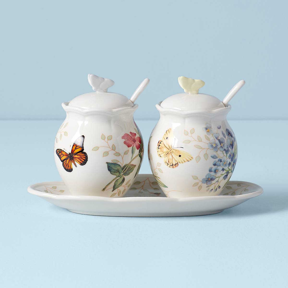 Butterfly Meadow 5-Piece Condiment Set - Stainless Steel Spice Jars with Wooden Stand for Kitchen, Dining Table & BBQ - Perfect for Salt, Pepper, Sugar & Spice Storage
