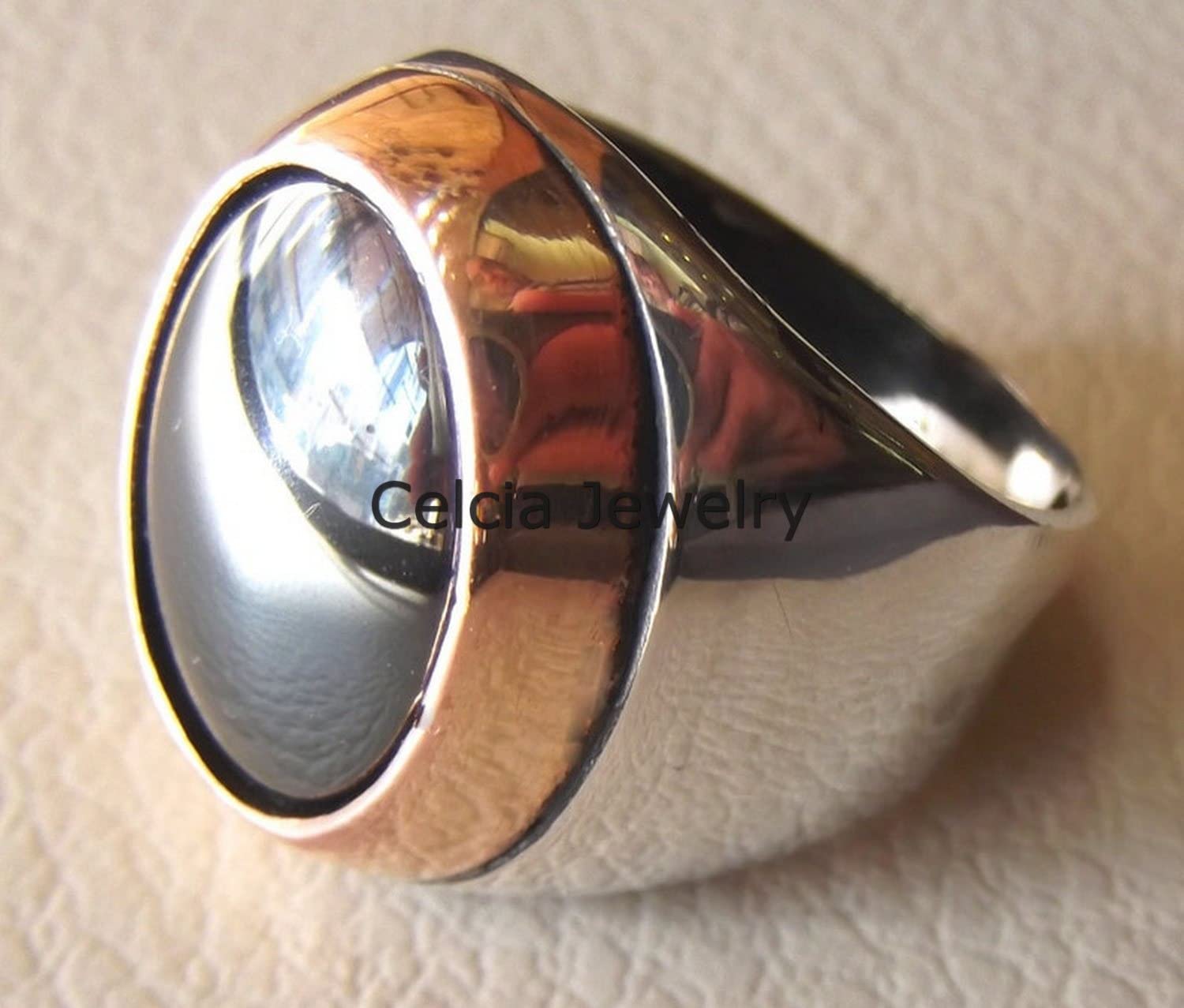 **Genuine Hematite Gemstone Oval Ring for Men - 925 Sterling Silver Handmade Signet Statement Ring - Two-Tone Western Jewelry (Size 7) - Perfect for Gifts, Weddings & Casual Wear**