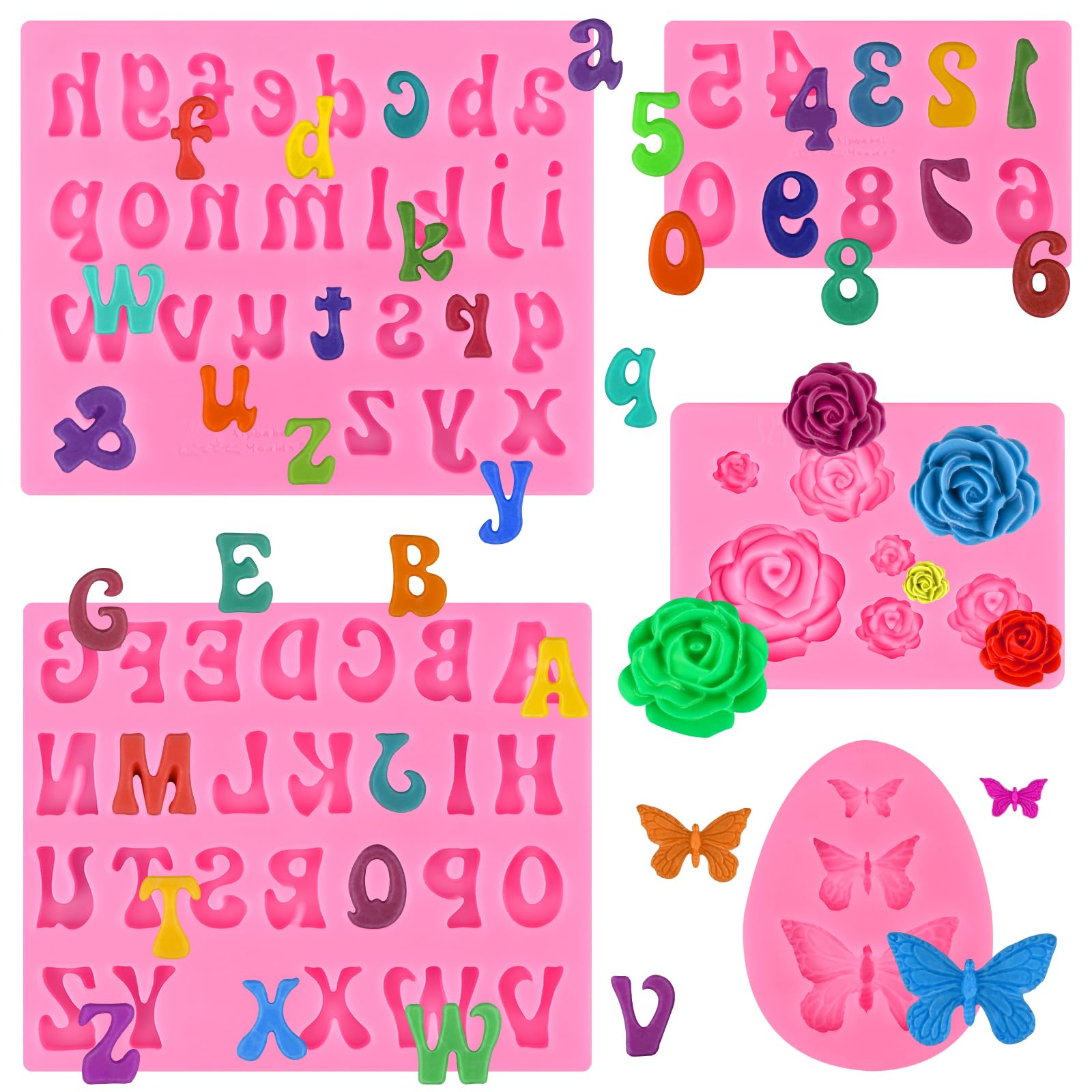 5-Piece Silicone Alphabet & Number Chocolate Molds Set - Uppercase, Lowercase Letters with Flower & Butterfly Designs for Cake Decorating, Candy Making, Fondant Crafts (Ideal for Birthday Parties, Wedding Cakes, DIY Desserts)