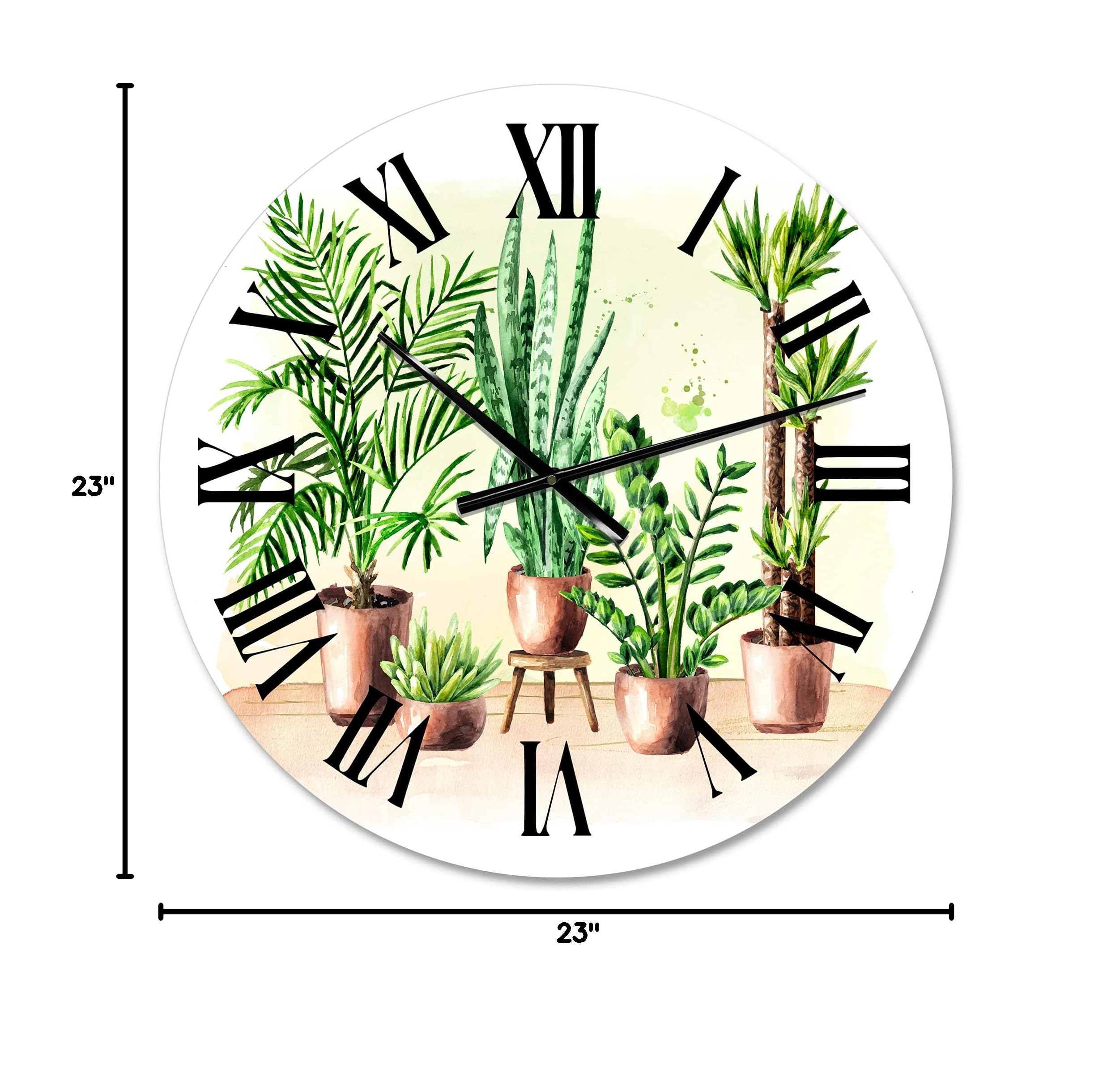 DesignQ Traditional Wall Clock - Large Indoor Green Home House Plants Floral & Botanical Wall Clock for Living Room Decor | Perfect for Farmhouse, Bedroom & Office Wall Décor