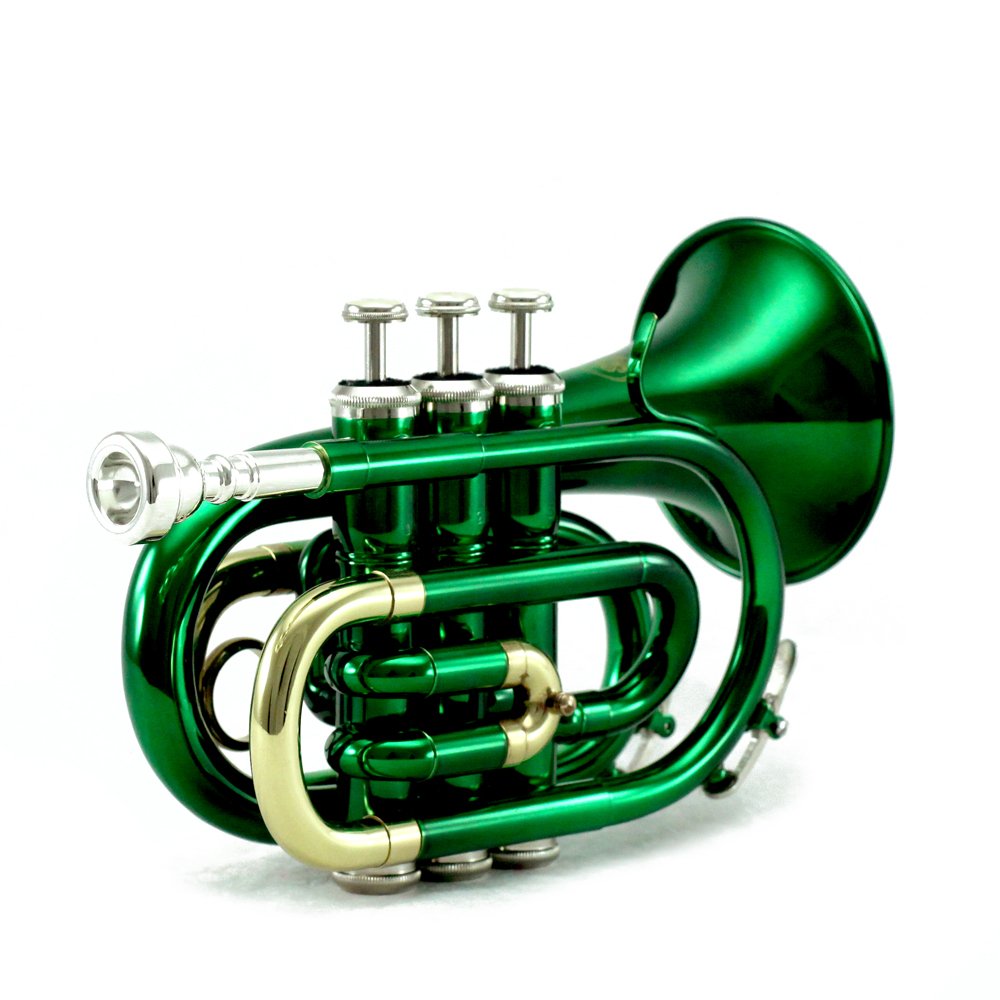 Sky Band Approved Green Plated Bb Pocket Trumpet with Hard Case, Cleaning Cloth, Gloves & Valve Oil - Professional Quality Brass Instrument for Beginners & Students | Perfect for Jazz Bands, School Performances & Music Practice