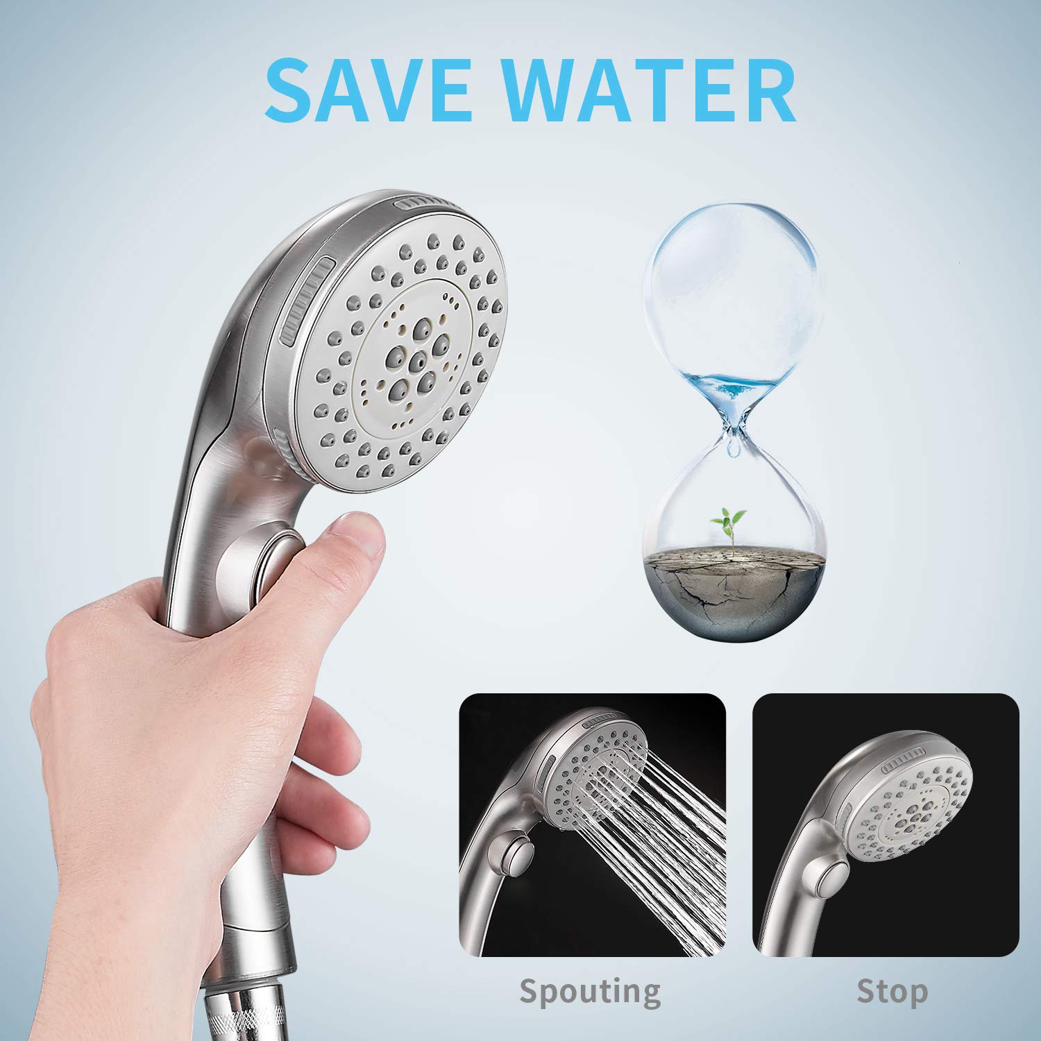 High Pressure 6-Setting Shower Head with Handheld Spray & ON/OFF Switch - Spa Mode, Brushed Nickel Finish - Perfect for Bathroom Renovation, Water Saving & Relaxing Shower Experience