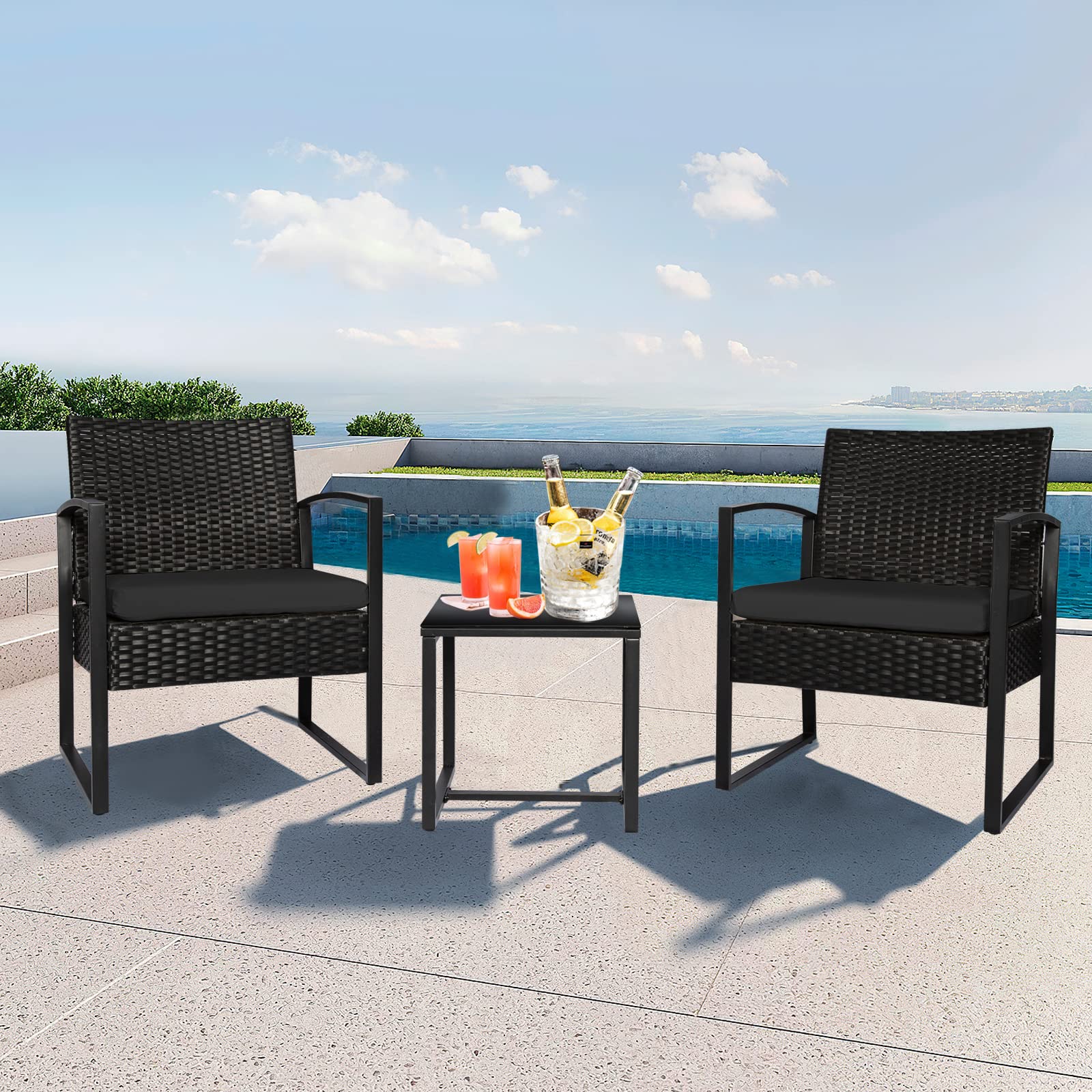 3-Piece PE Rattan Outdoor Patio Furniture Set - Modern Wicker Bistro Table & Chairs with Black Cushions for Front Porch, Balcony, Garden - Perfect for Small Spaces, Coffee Breaks & Relaxing Outdoors