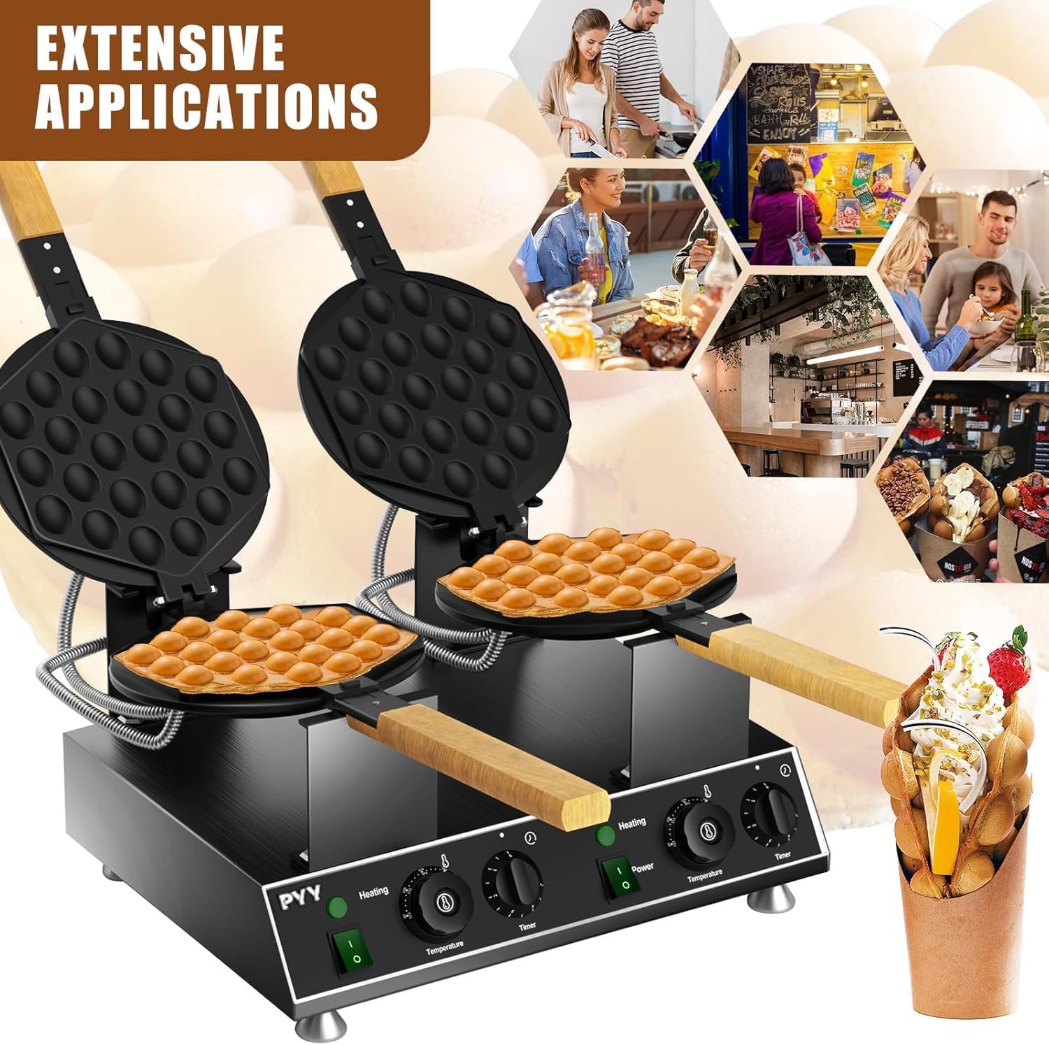 Commercial Double Bubble Waffle Maker - Non-Stick Hong Kong Egg Waffle Iron with 180° Rotation, Stainless Steel Pancake Machine for Home & Restaurant Use - Perfect for Breakfast, Desserts, and Street Food Snacks