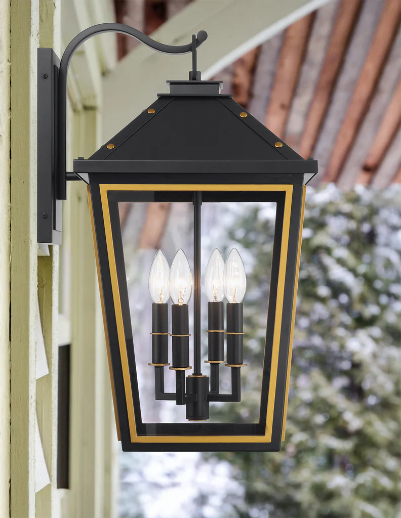 Hawkins 4-Light Outdoor Wall Sconce - 12x22.5 Inch Matte Black Stainless Steel with Textured Gold Finish & Glass Shade - 120V E12 Candelabra Base LED Bulb Compatible - Perfect for Patio, Garden, Porch, Exterior Walls & Entryway Lighting