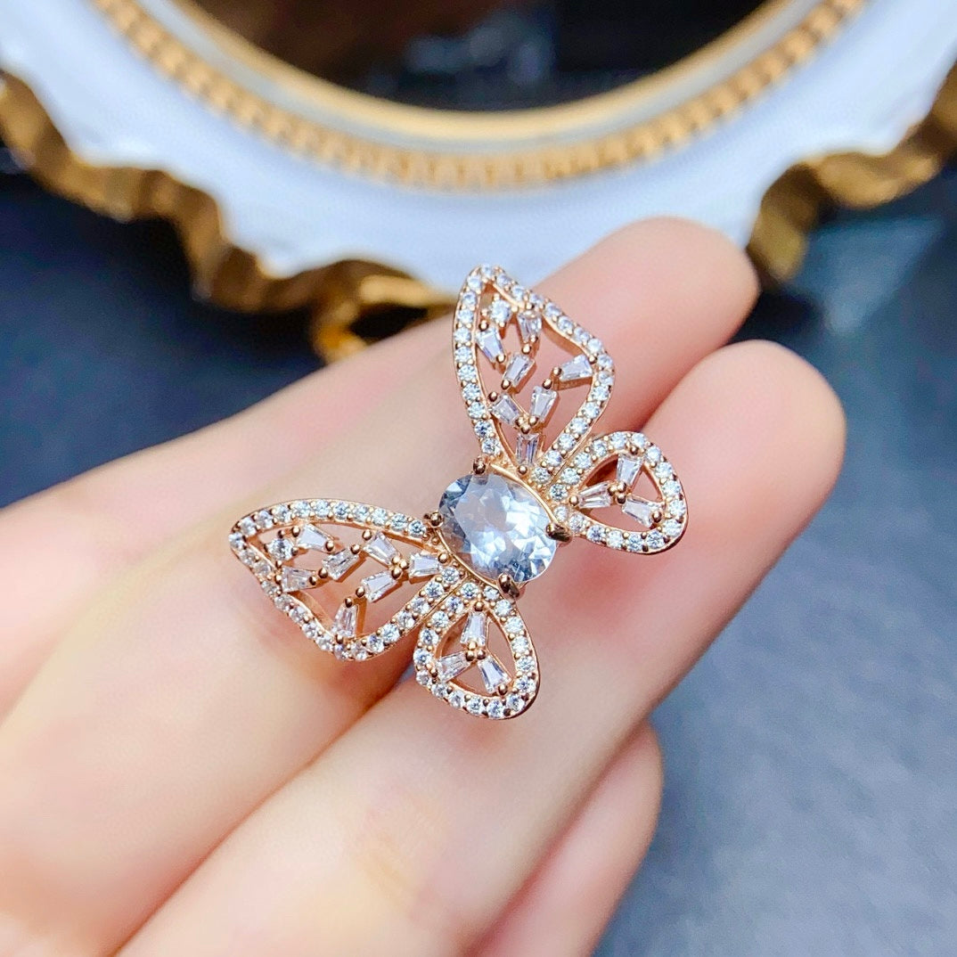 18K Gold Butterfly Aquamarine Crystal Ring for Women - Elegant Vintage Jewelry Gift for Birthday, Anniversary & Valentine's Day | NS2401