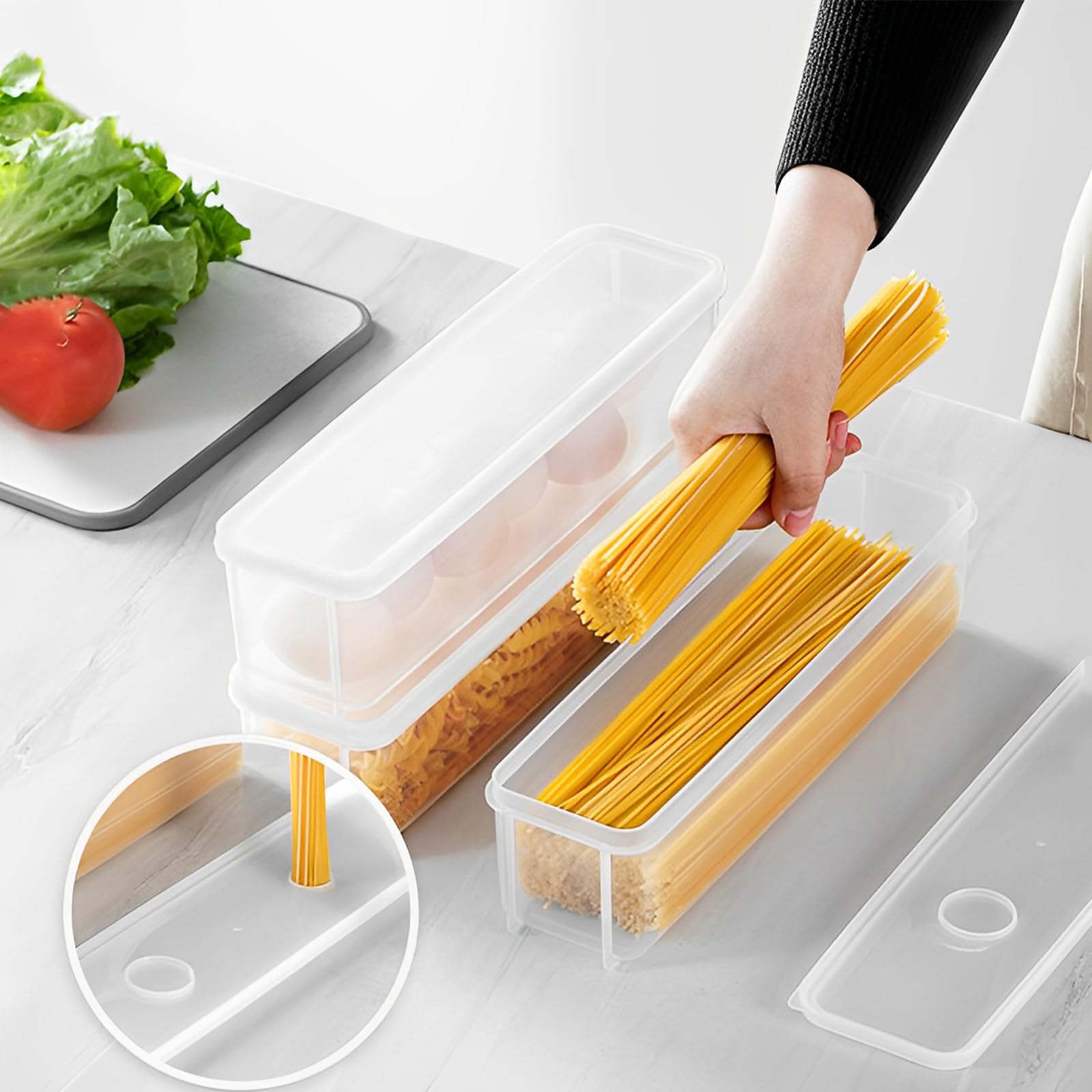 ZENFUN 6-Piece Airtight Pasta Storage Containers Set with Lids - BPA-Free Spaghetti Noodle Holder, Rectangular Chopstick Organizer & Sealed Food Canisters for Kitchen Pantry, Refrigerator (3