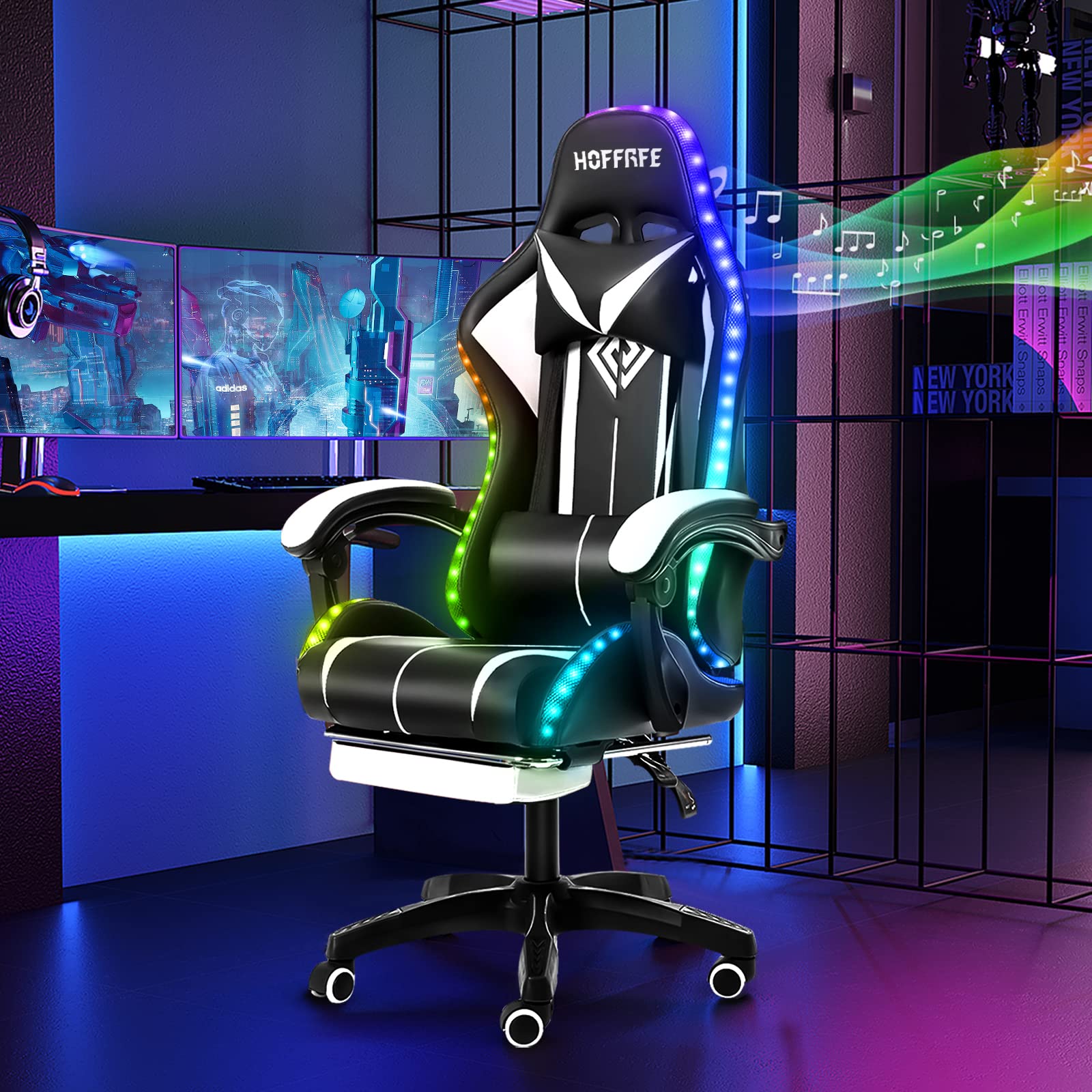 HOFFREE RGB Gaming Chair with Built-in Speakers & Massage Function - Ergonomic LED Computer Gaming Chair with Adjustable Footrest & High Back Support - Perfect for PC Gaming, Streaming & Office Work (White & Black)