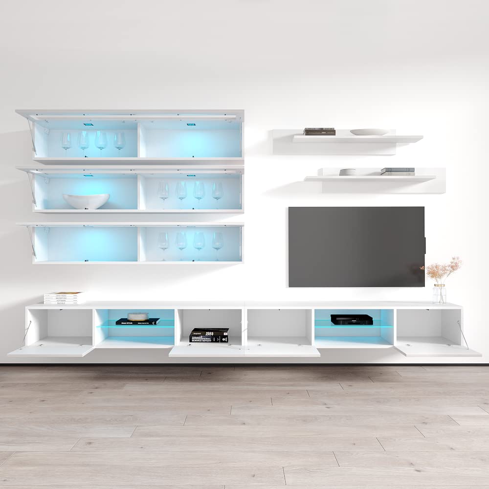 Modern White Wall-Mounted TV Stand with Storage & LED Lights - Floating Entertainment Center Console for Bedroom & Living Room - Meble Furniture Fly J3 33