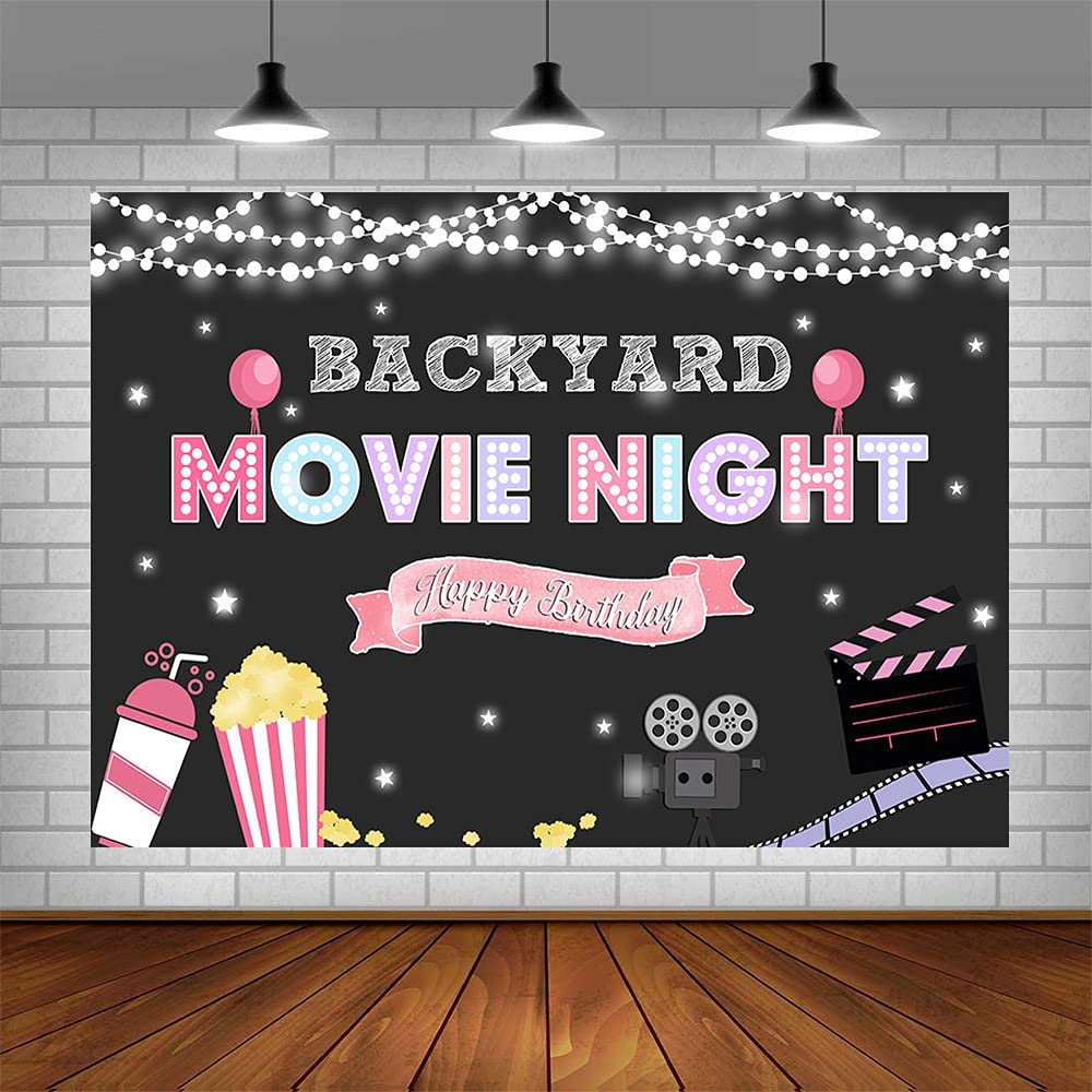 7x5ft Pink Movie Night Backdrop for Girls - Birthday Party Decorations, Backyard Projector Screen, Cake Table Banner, Popcorn & Sparkling Drink Background - Perfect for Birthday Parties, Movie Nights & Outdoor Gatherings