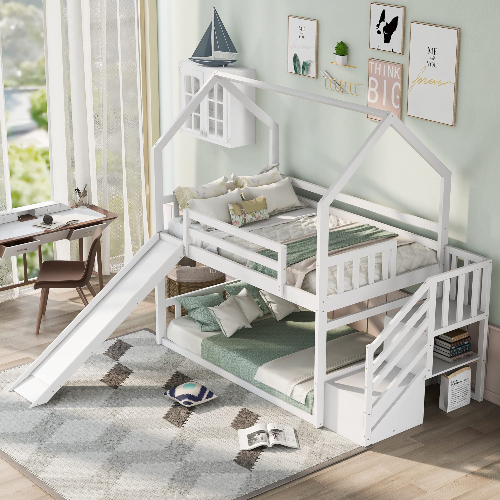 Merax Twin Over Twin Solid Wood Bunk Bed with Convertible Slide, Storage Staircase & Full Guardrail - No Box Spring Needed, White - Perfect for Kids' Bedrooms, Guest Rooms & Space-Saving Home Solutions