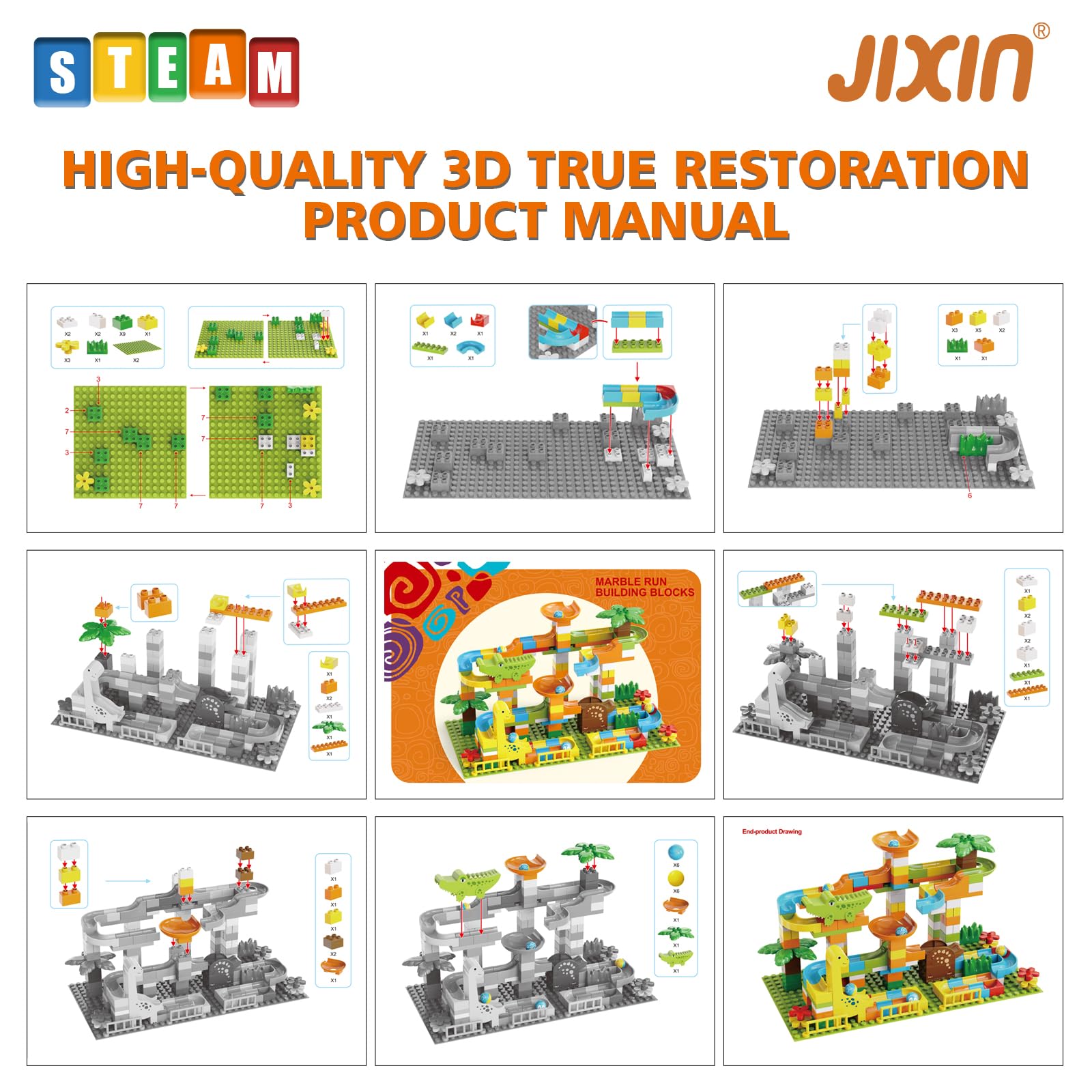 JIXIn 187Pcs Dinosaur Marble Run Building Blocks - STEM Educational Toys for Kids Ages 3-8, Compatible with Lego DUPLO - Montessori Learning Toys for Toddlers 2-5 Years | Fun Indoor Play for Birthday Gifts & Preschool Activities