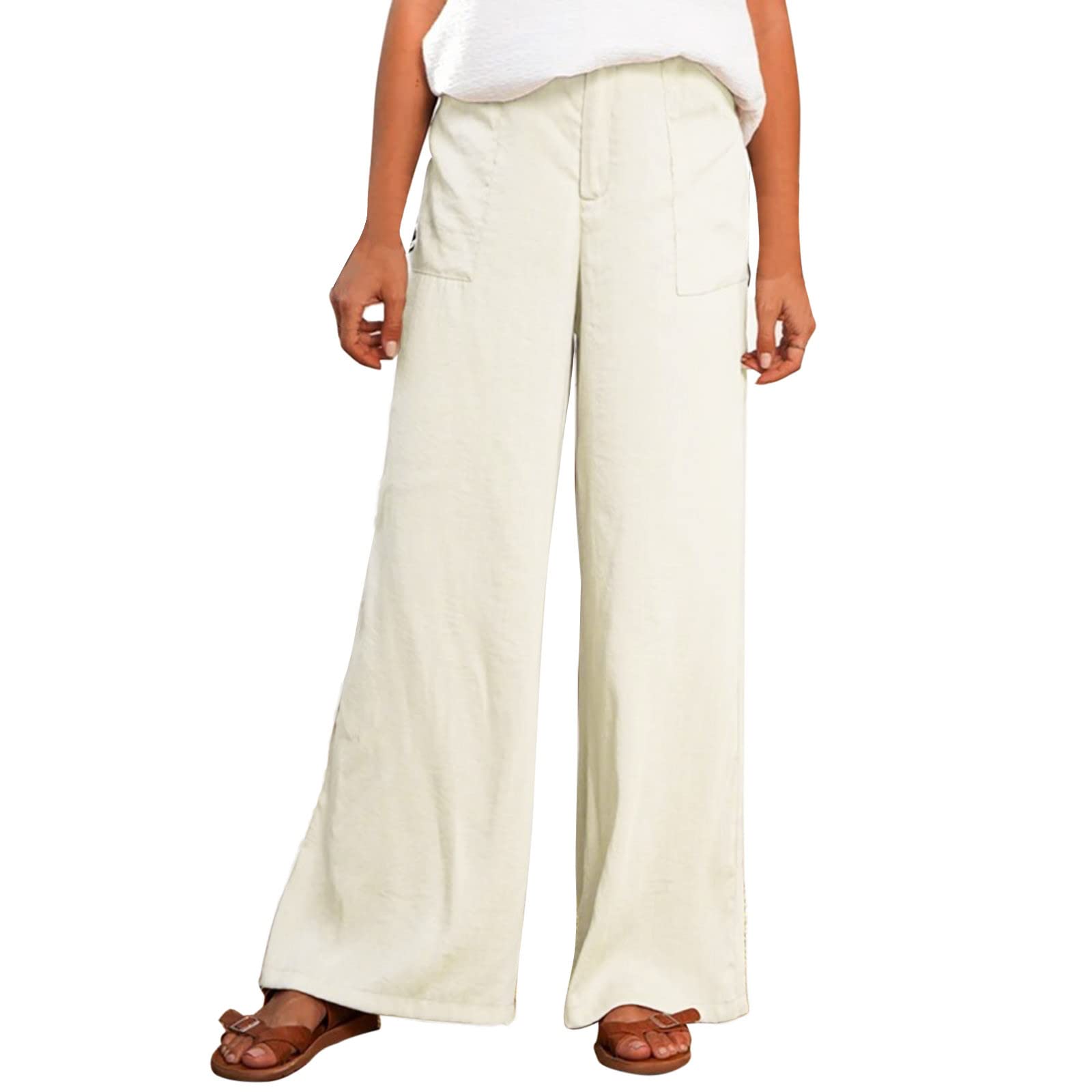 Petite Women's Casual Pants - Solid Color Cotton Linen High Waist Loose Fit Trousers for Work, Travel & Everyday Wear