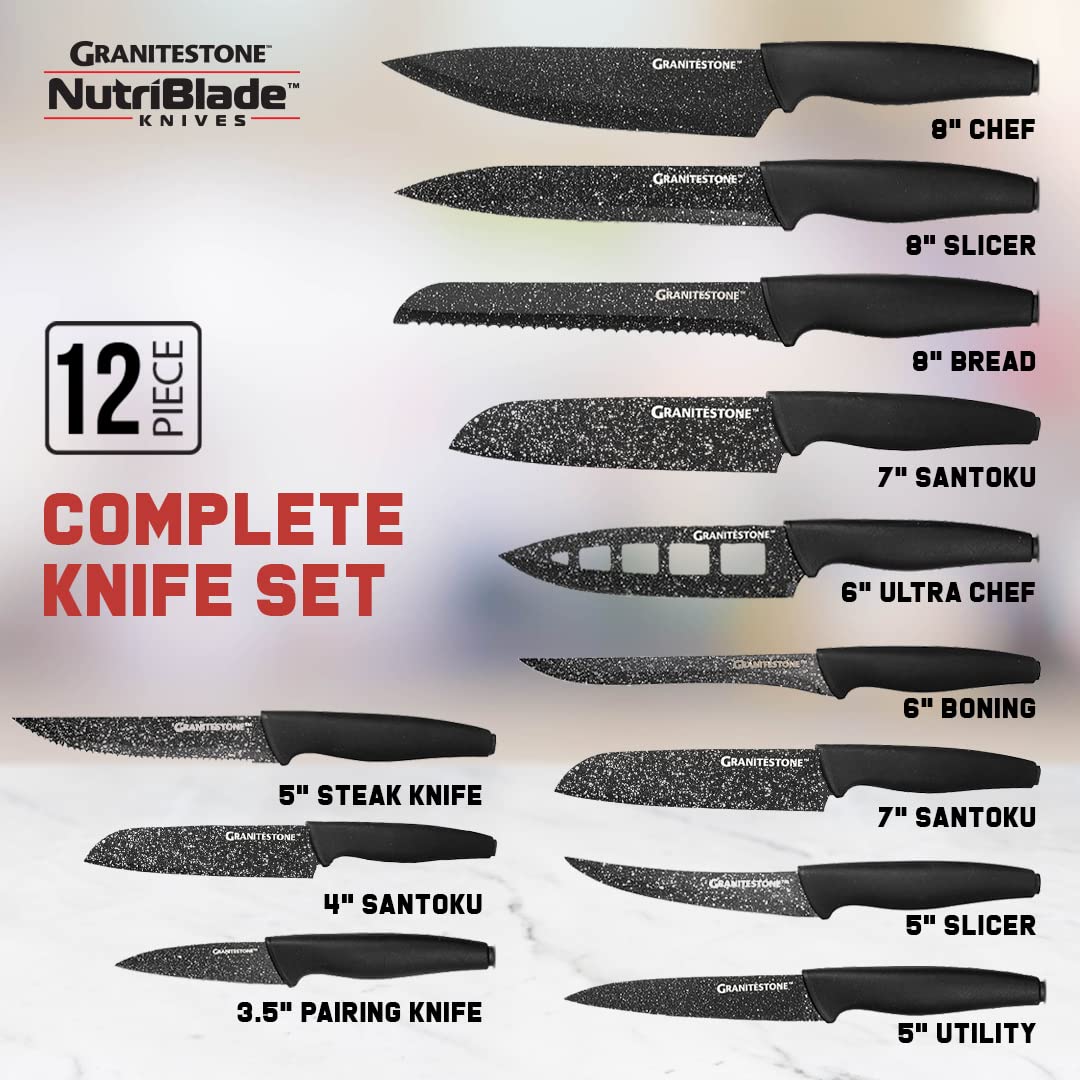 Granitestone Nutriblade 12-Piece Professional Knife Set with Block - High-Grade Chef Knives, Santoku Knives & Kitchen Knives with Easy-Grip Handles & Stainless Steel Blades (Dishwasher Safe) - Perfect for Home Chefs, Cooking Enthusiasts & Professional Kitchens
