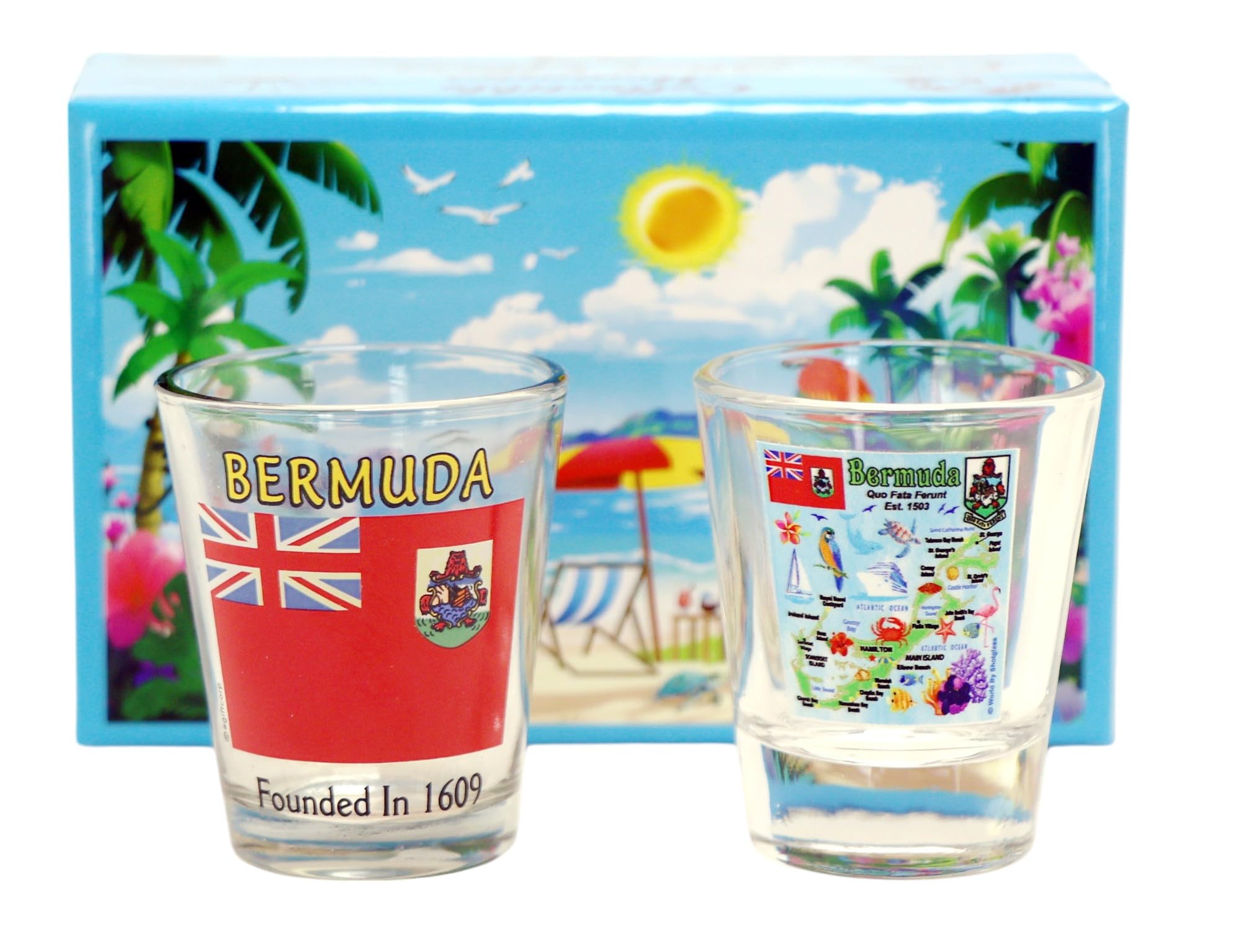 Premium Bermuda Caribbean Boxed Shot Glass Set (Set of 2) - Perfect for Cocktails, Parties & Tropical Themed Events