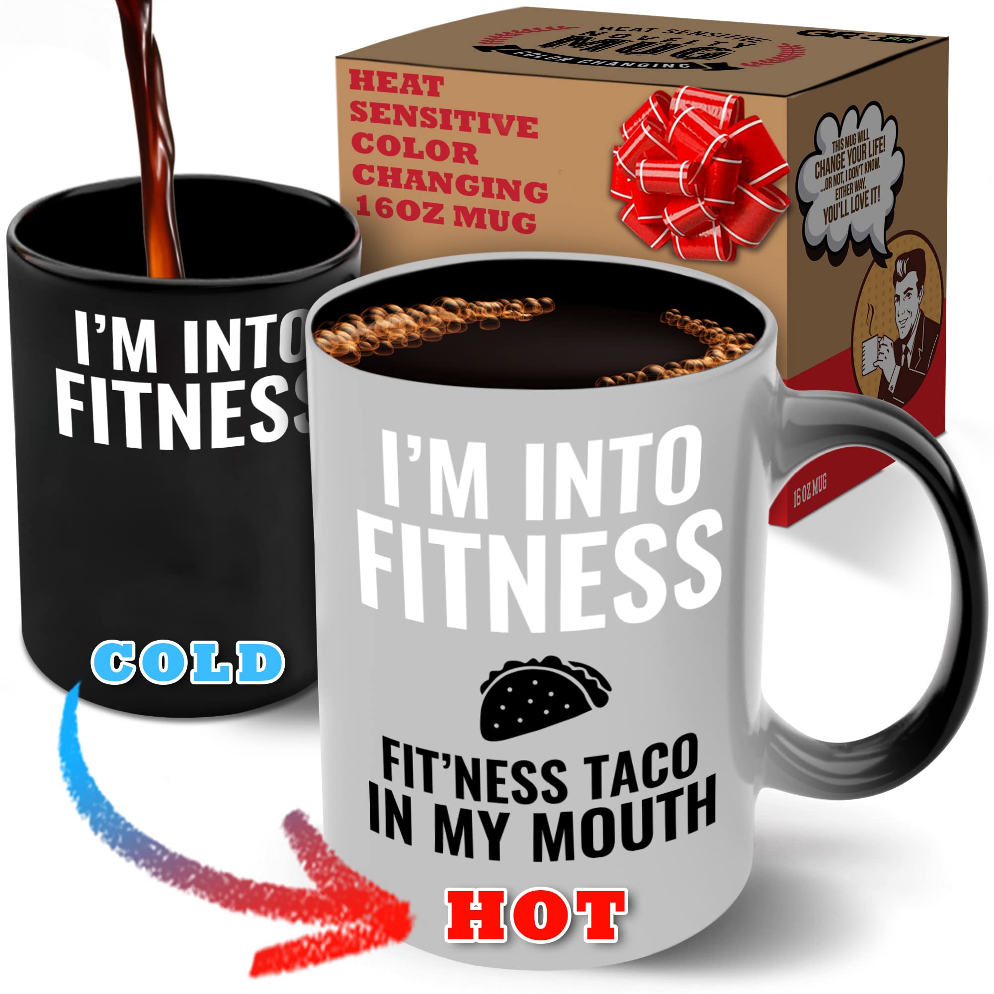 16oz Color-Changing Ceramic Tea Mug - Funny Fitness Quote 'I'm into Fitness, Fit'ness Taco in My Mouth' - Unique Coffee Cup Gift for Women & Men - Perfect for Office, Home Use or Christmas Present