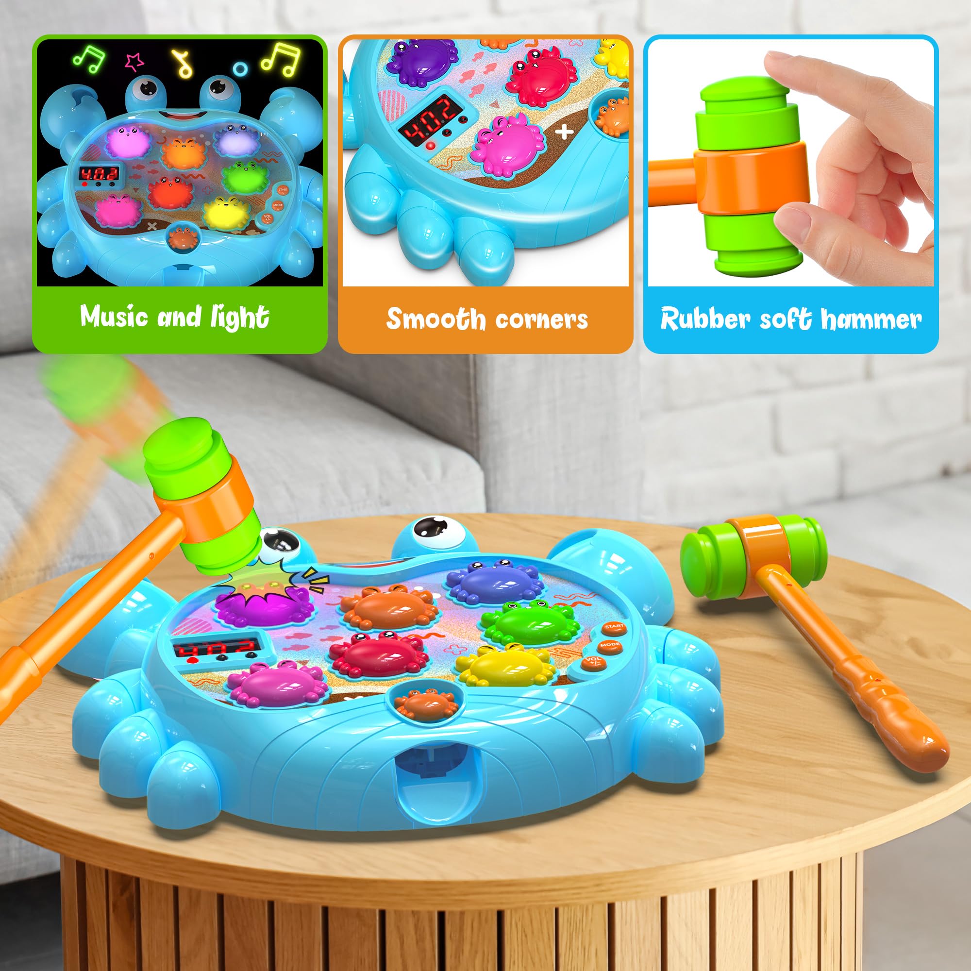 HopeRock Toddler Toys for 2-4 Year Old Boys - Interactive Crab Toy with Music, Lights & Water Spray - Educational Learning Game with 2 Hammers - Perfect Birthday Gift for 2 Year Old Boys - Fun Outdoor & Indoor Play for Preschool Kids